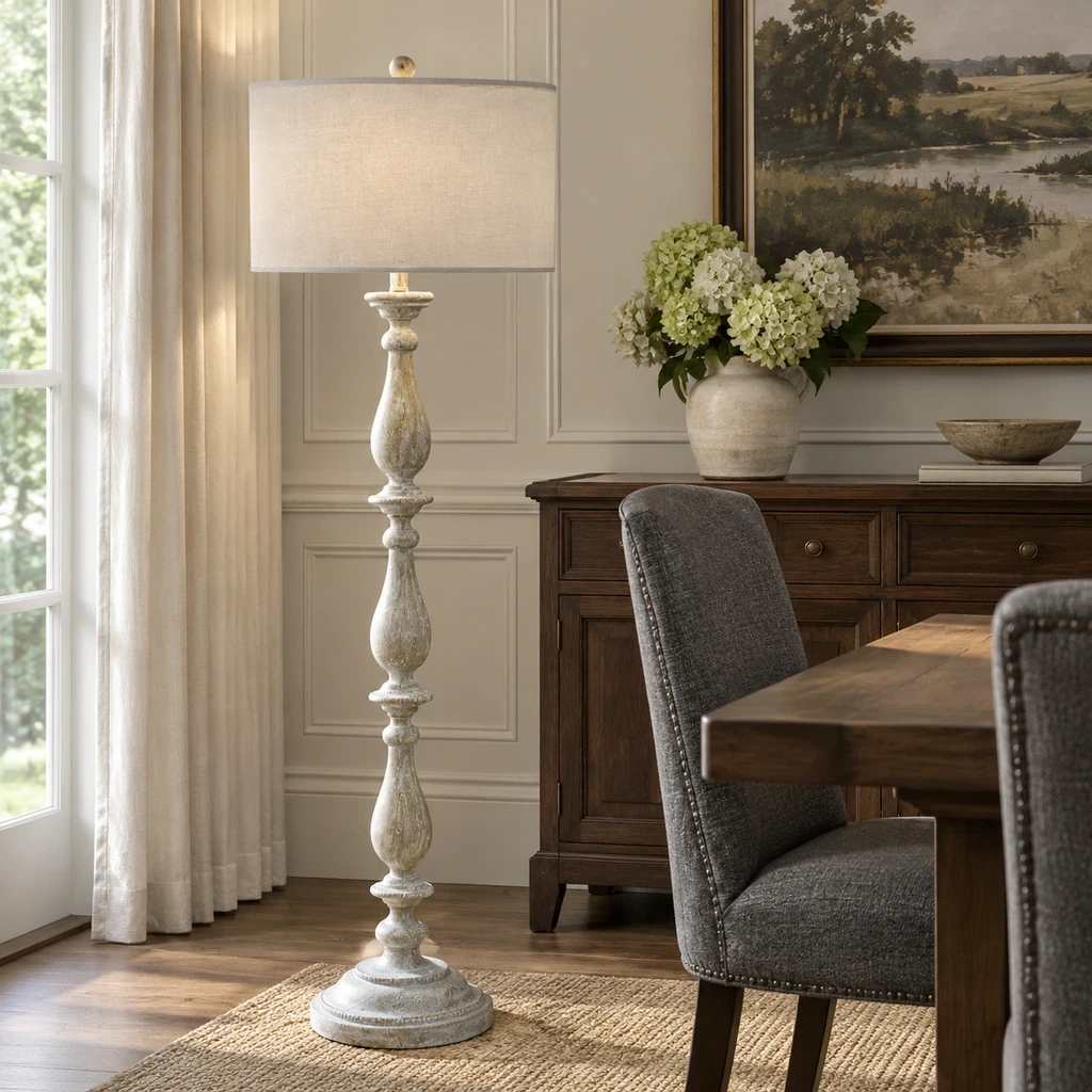 French Rustic Carved Wood Floor Lamp above a muted charcoal dining table