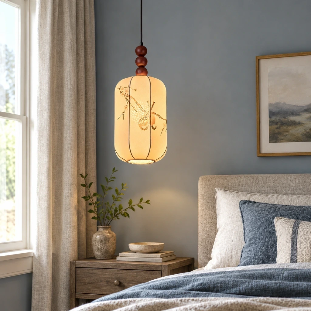 Avery Vintage Single-Light Iron Fabric Pendant Light in a bedroom setting