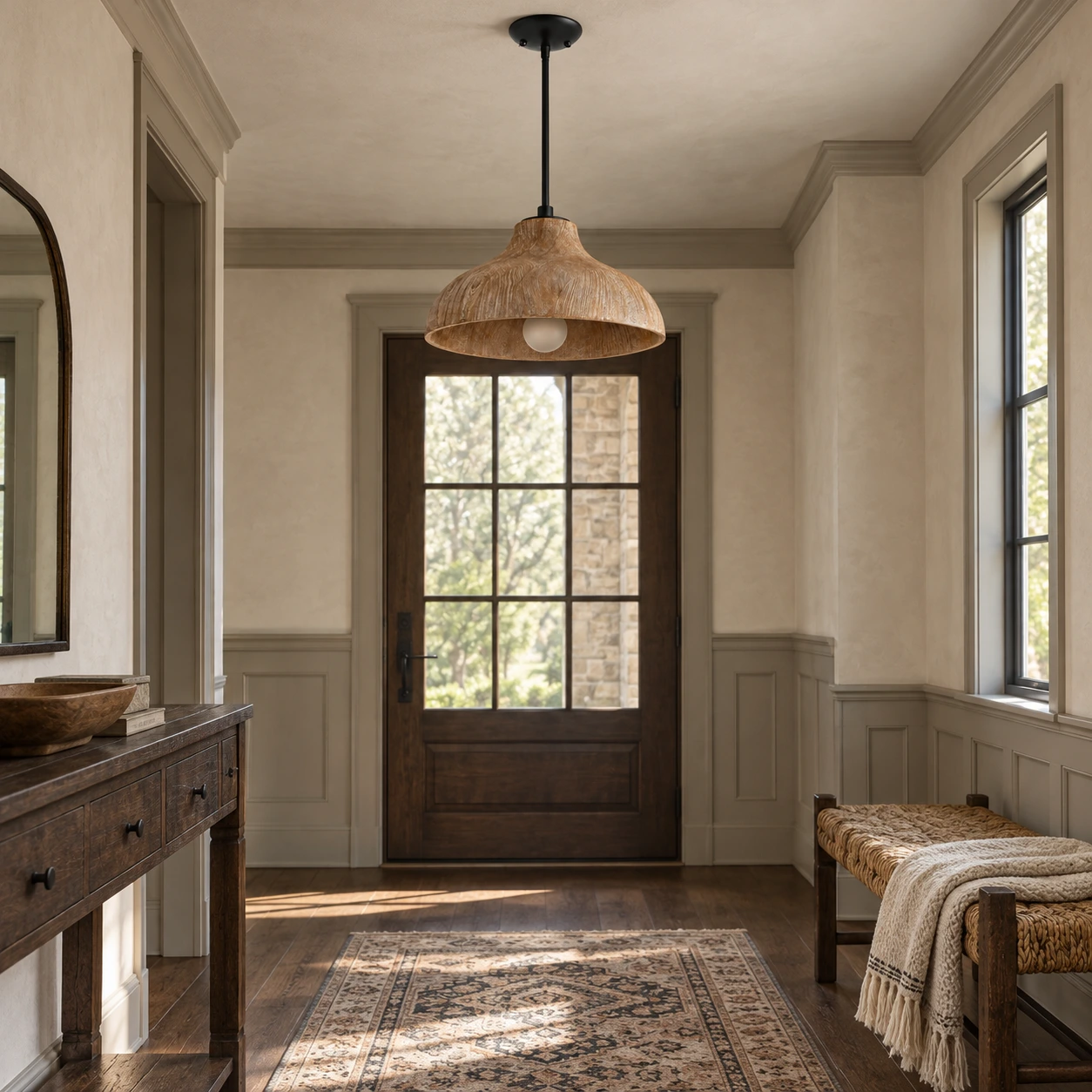 Aged wood pendant light in an entry setting