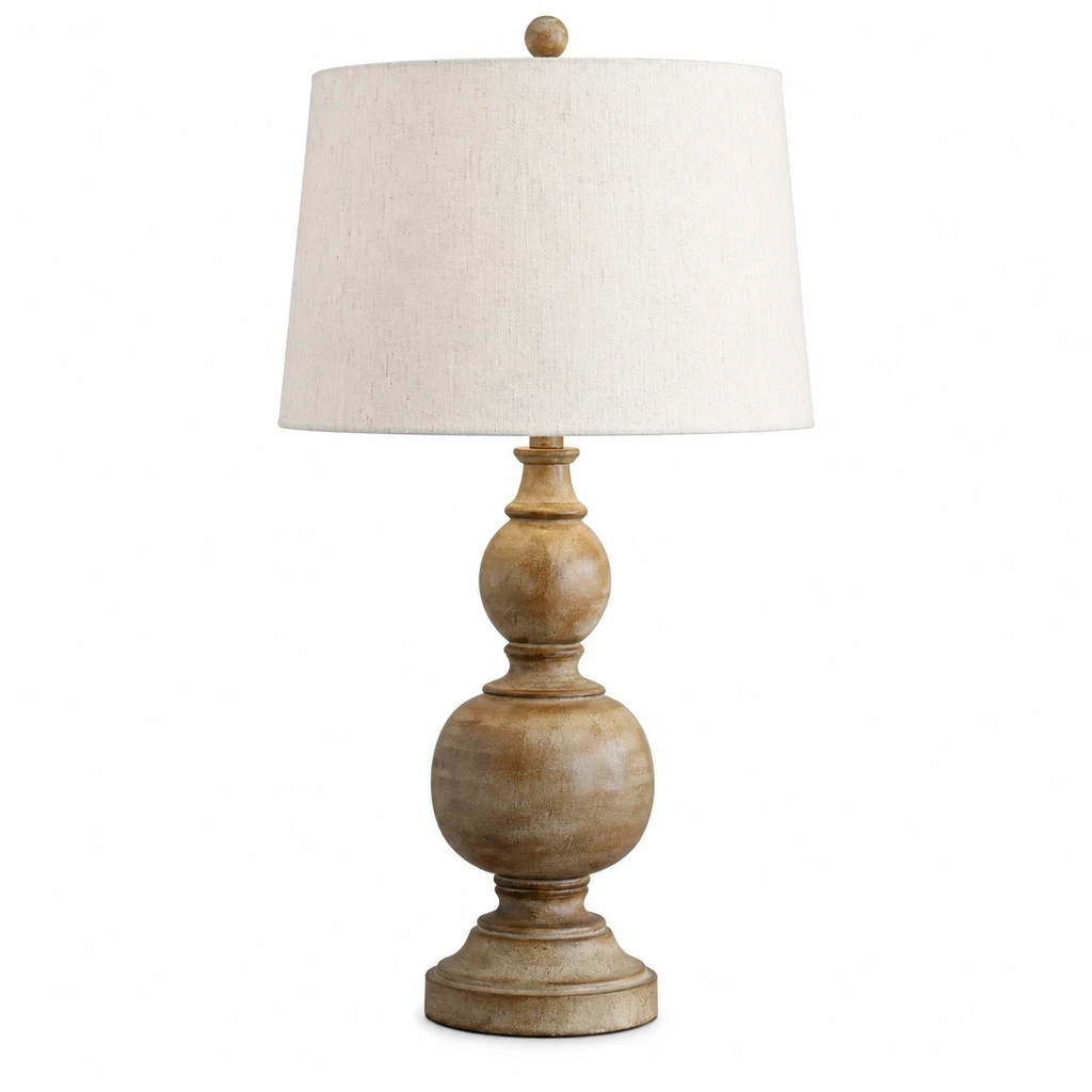 Front view of the French Rustic Distressed Wood Table Lamp on white background