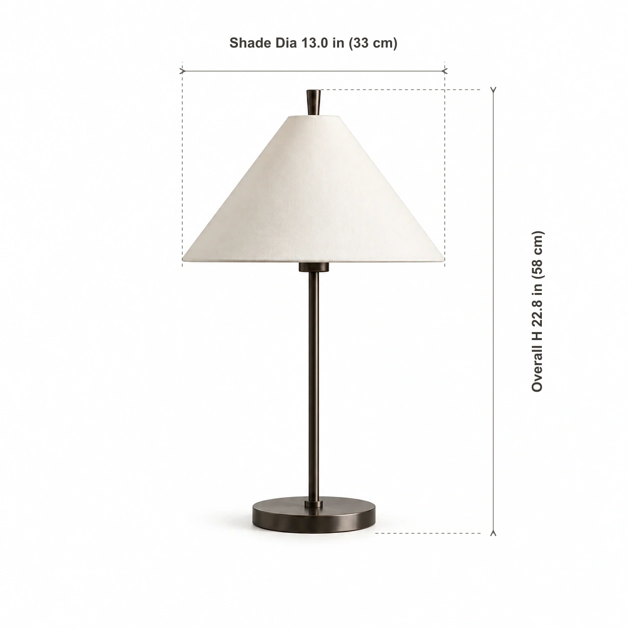 Small table lamp dimensions: shade diameter 33 cm and overall height 58 cm
