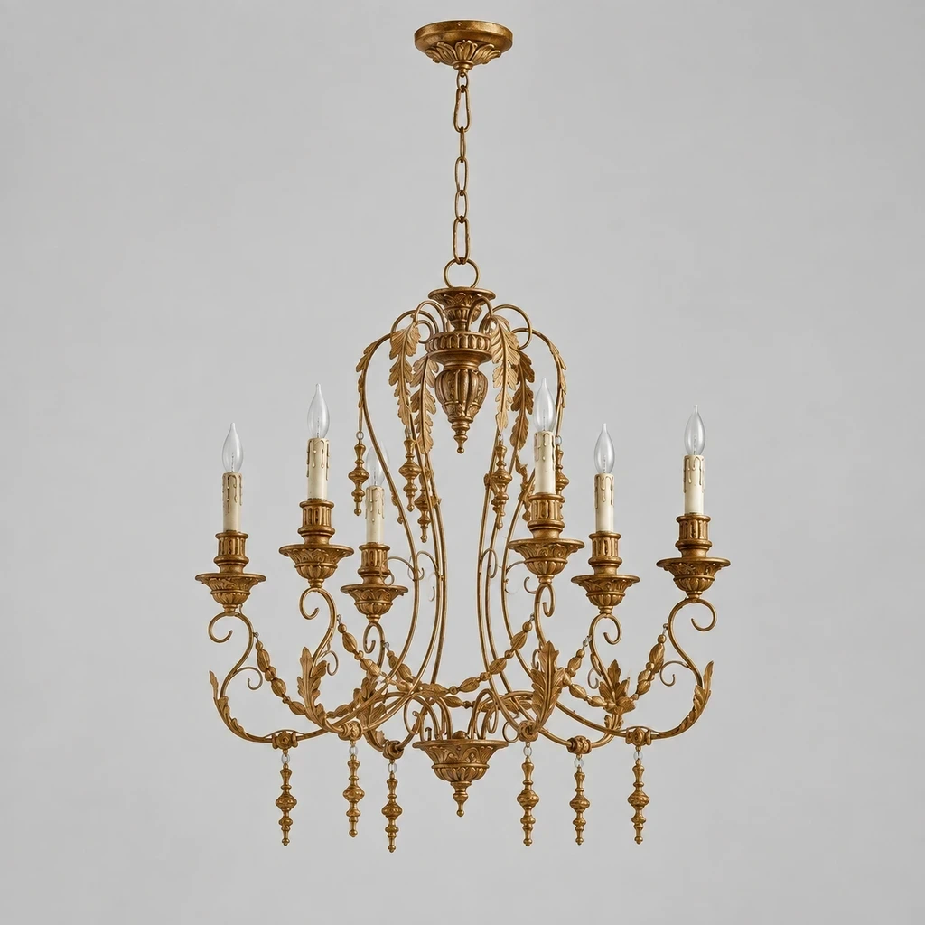 Merritt Vintage Sculpted Iron Chandelier with Six Lights switched off in a neutral studio