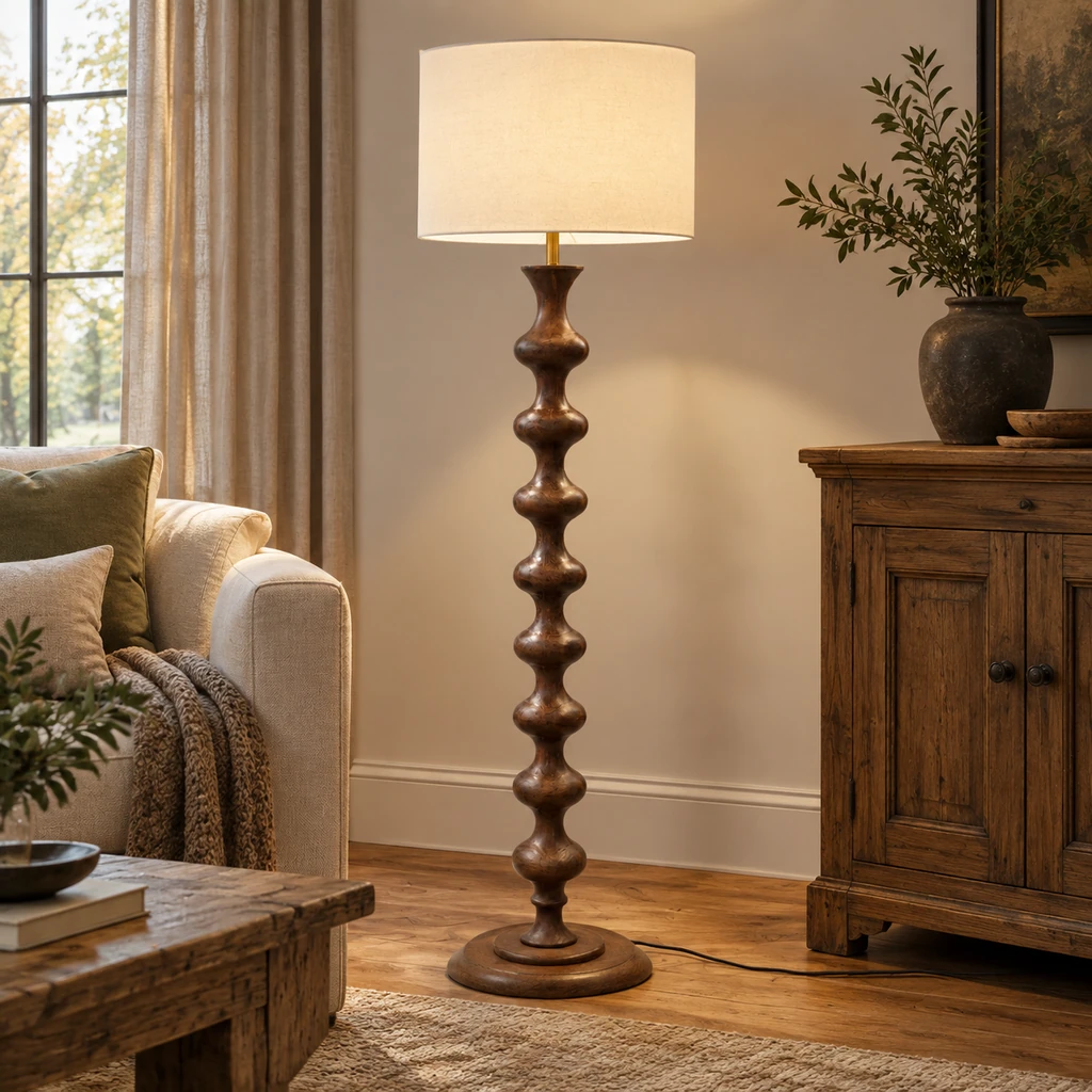 Avery sculpted walnut wood floor lamp in an entry vignette