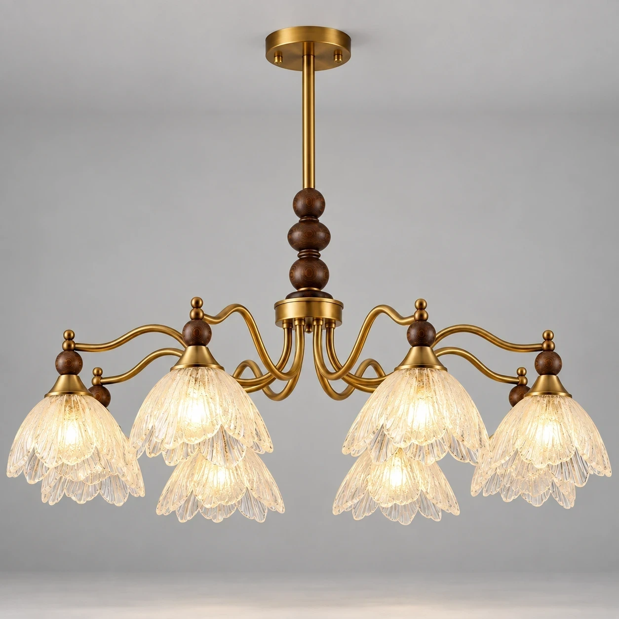 Wushlp Vintage Petal Glass Branch Chandelier switched on in a neutral studio