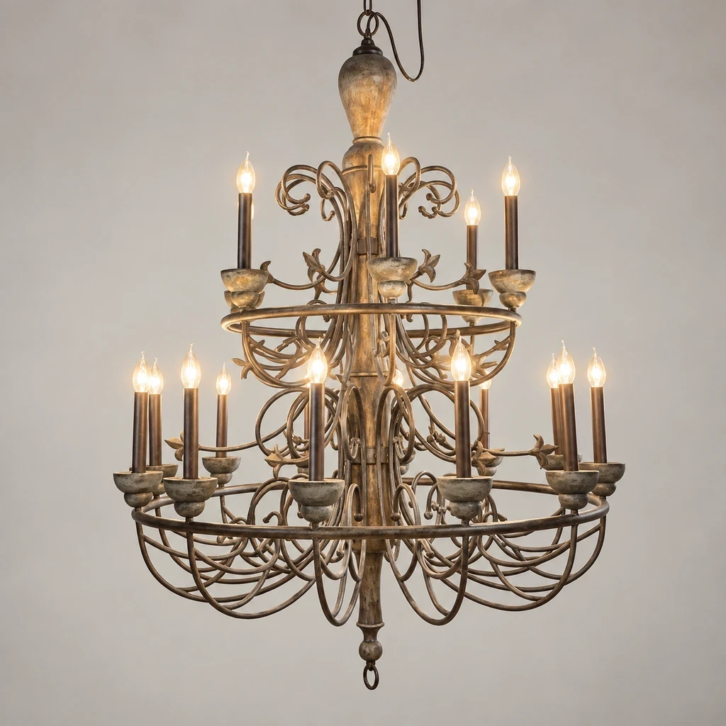 Rustic Multi-Tier Carved Wood Chandelier illuminated in a neutral studio