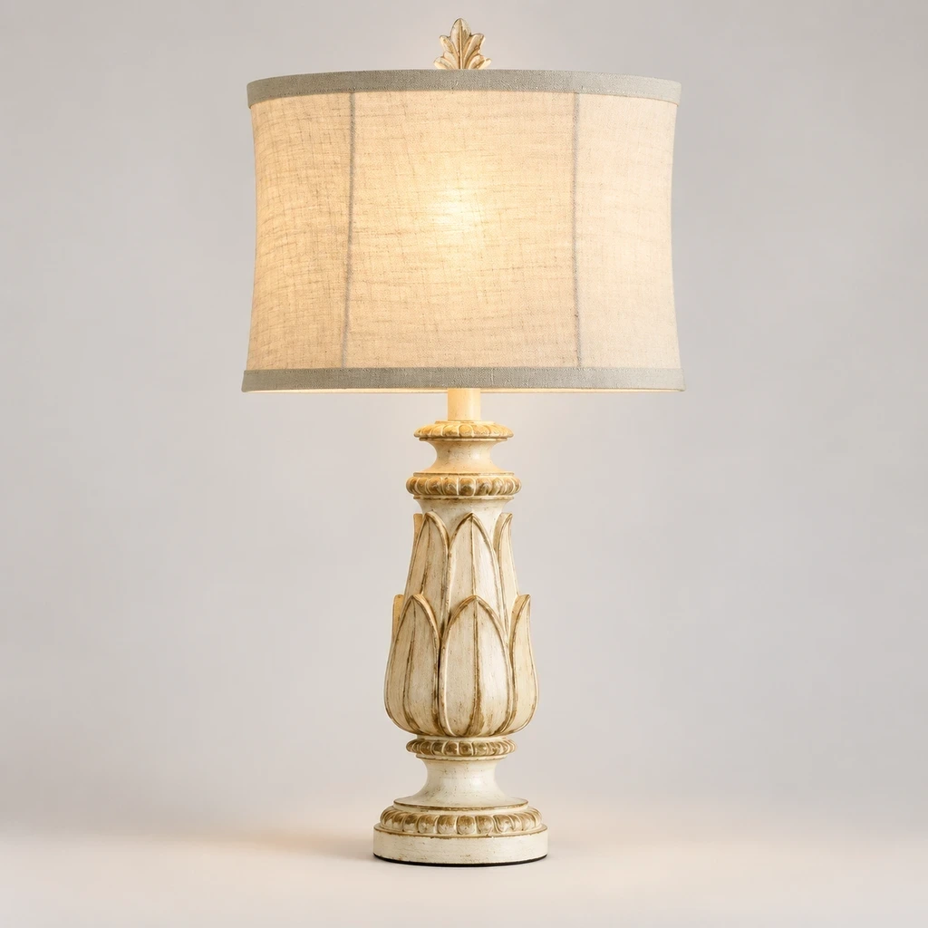 Rustic Carved Floral Table Lamp illuminated in a neutral studio