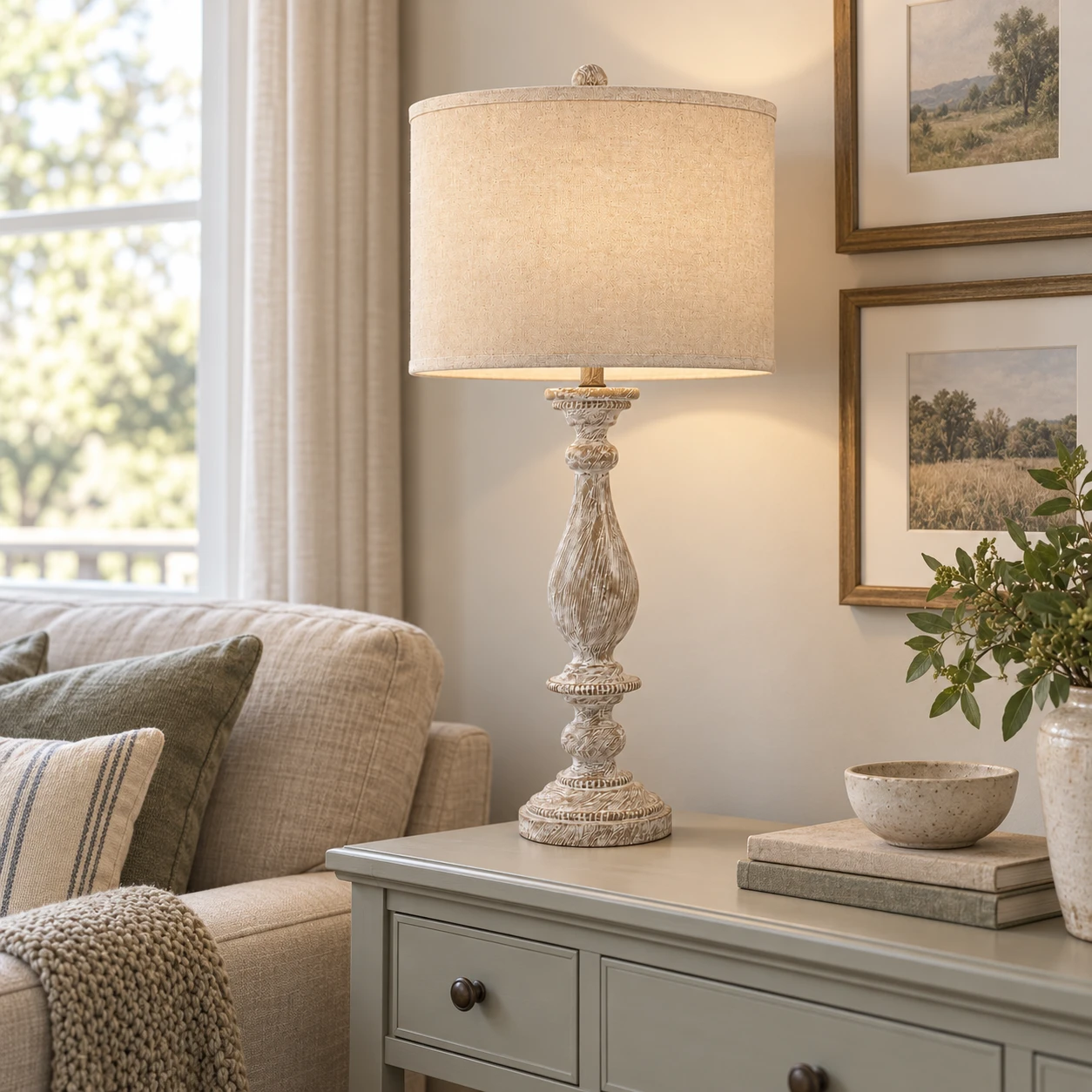 Camille carved wood table lamp with beige fabric shade on a console in an ordinary American living room