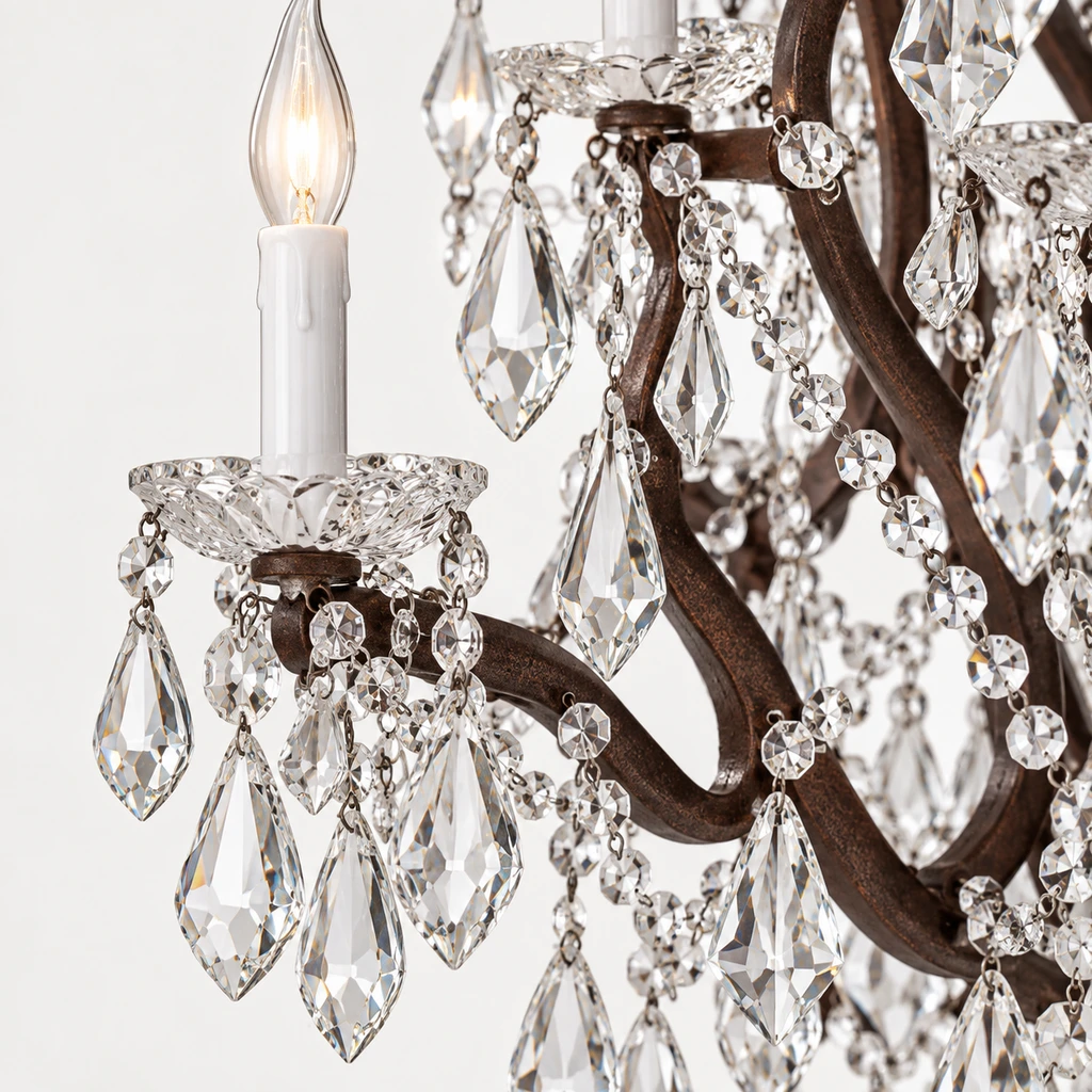 Close detail of a rust-toned iron arm and faceted crystal drops