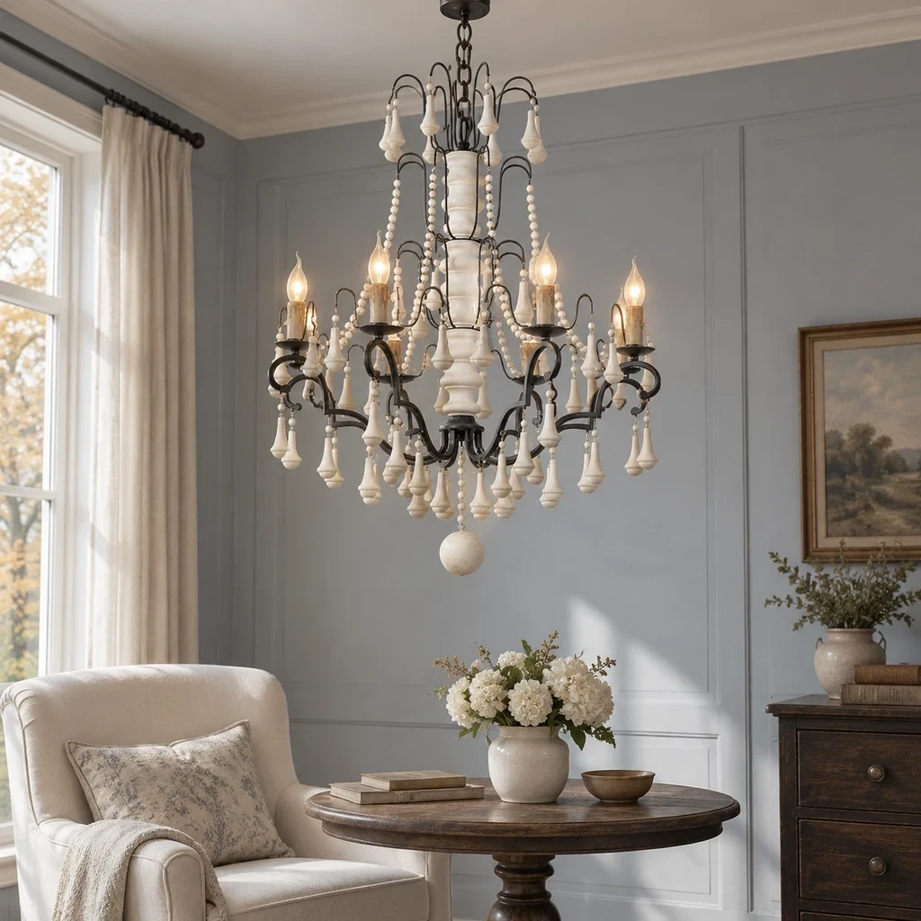 Merritt French Country Beaded Wood Chandelier with Eight Lights in a blue-gray bedroom sitting zone