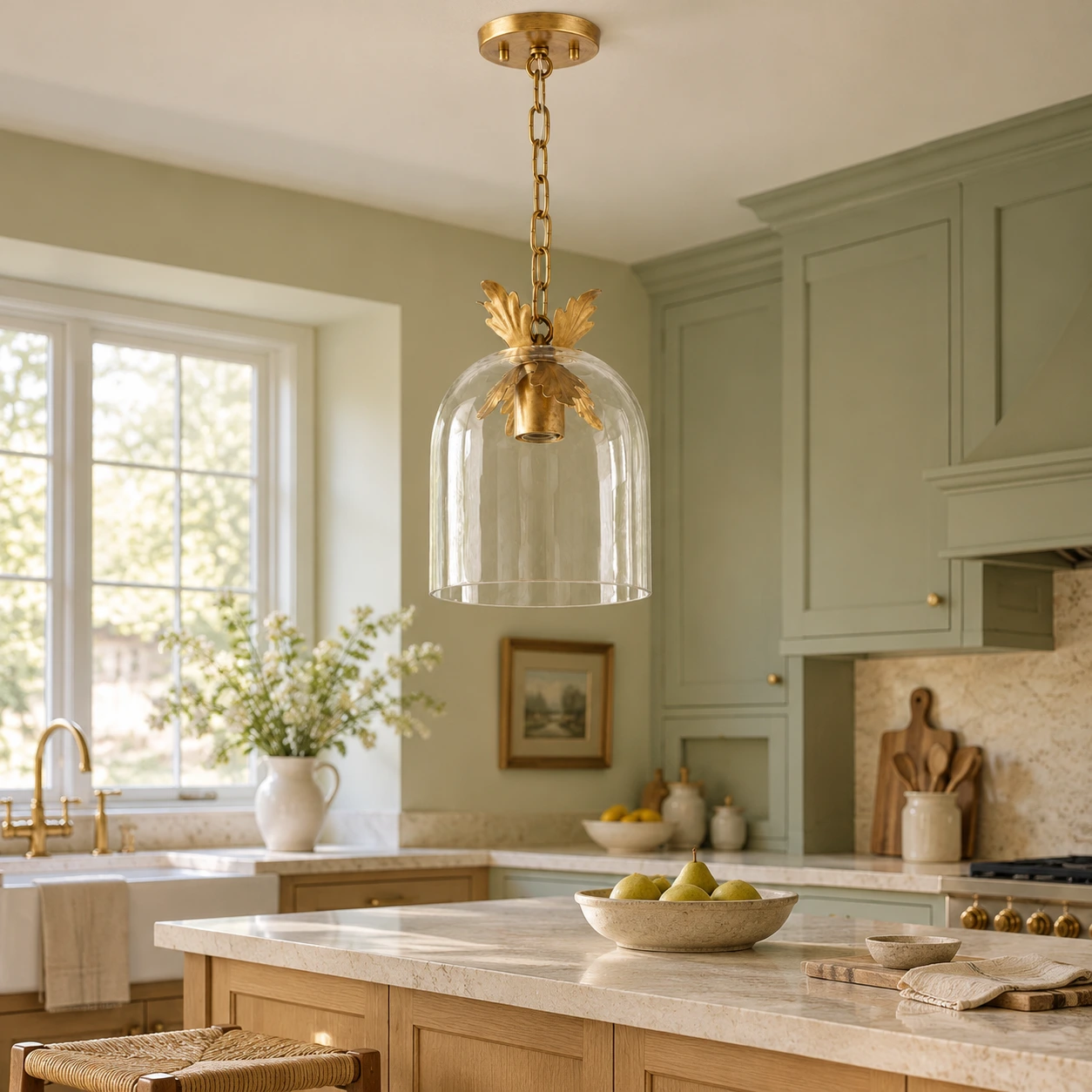 Glass pendant suspended above a kitchen island