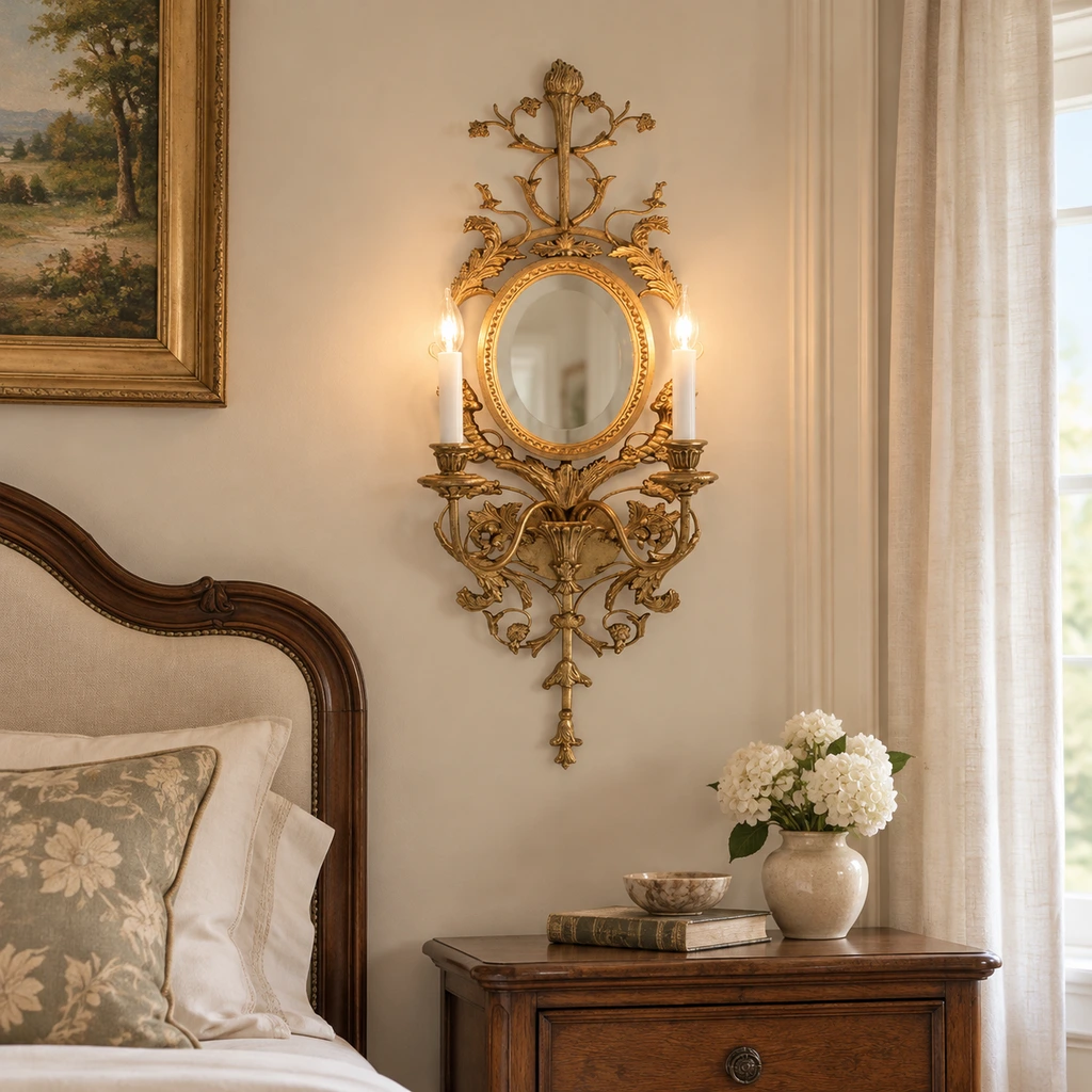 Ornate mirror wall sconce on a bedroom accent wall