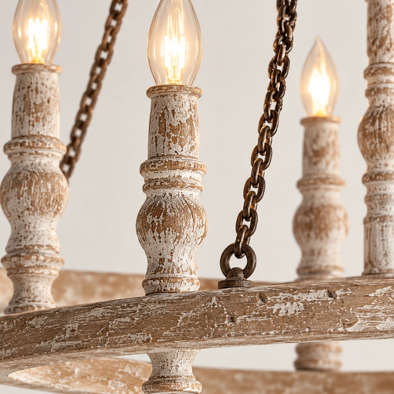 Mira Rustic Carved Wood Chandelier — 11 detail socket candle