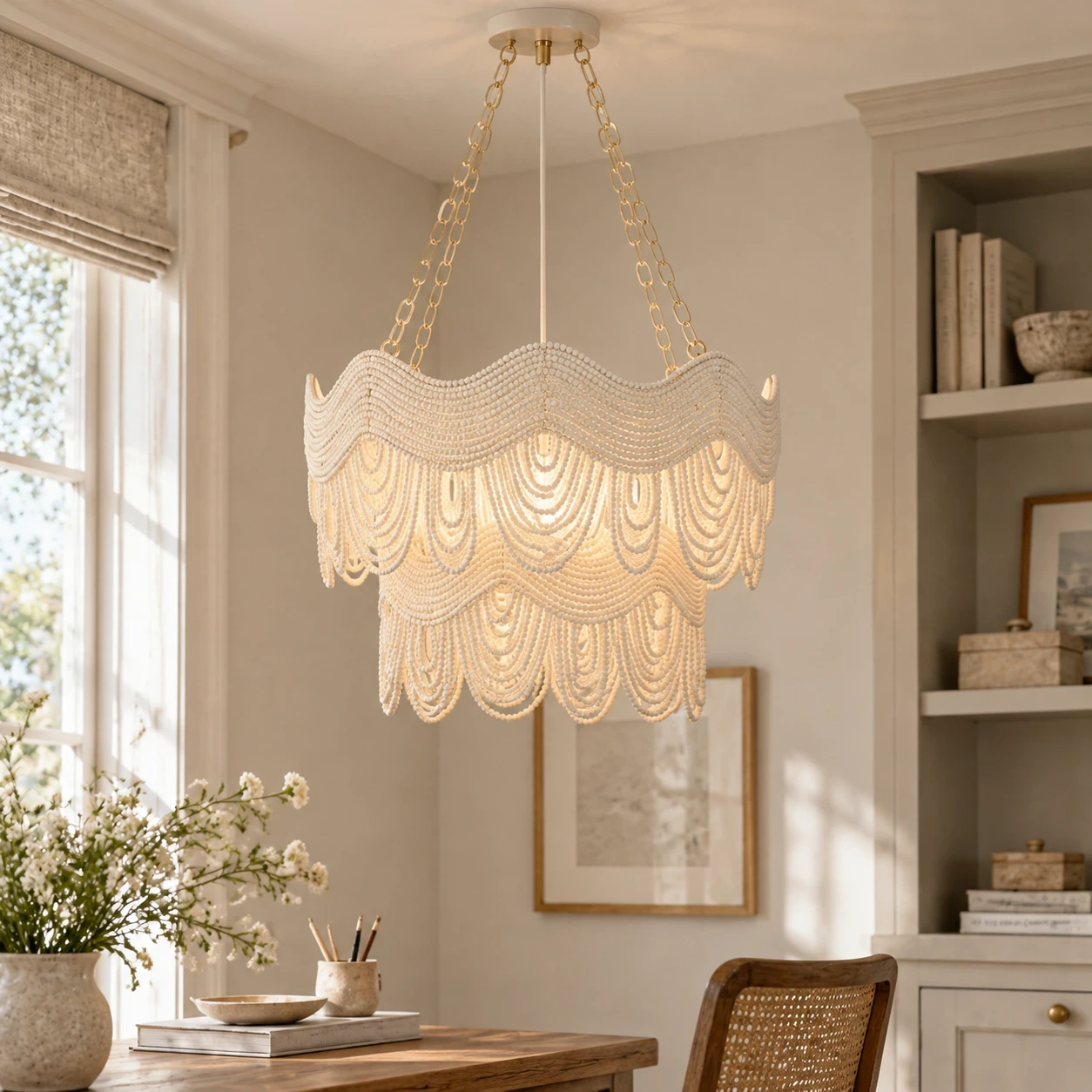 Clara Vintage Minimal Wood and Metal Pendant Light in a bright study nook