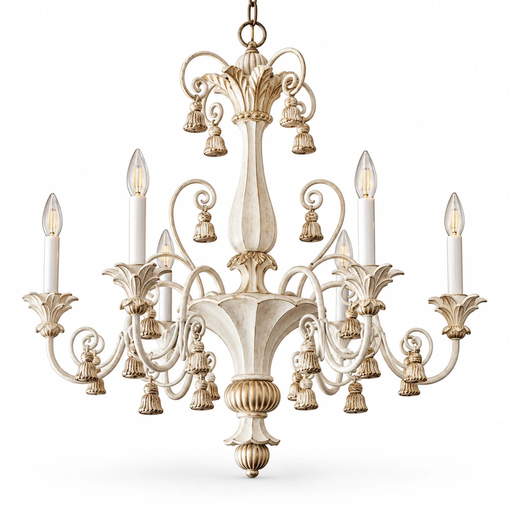 Front view of Bellamy six-light carved ivory chandelier on white
