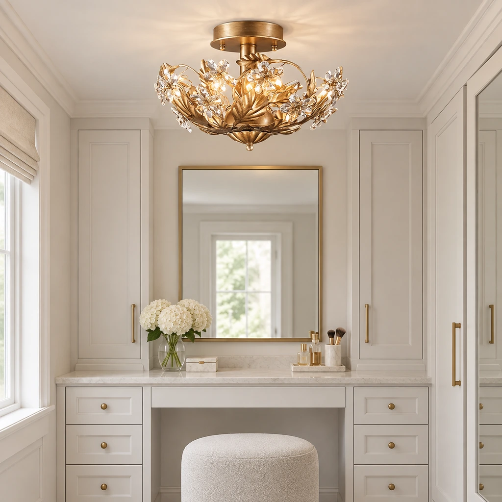 Elodie floral crystal ceiling light installed in a dressing room