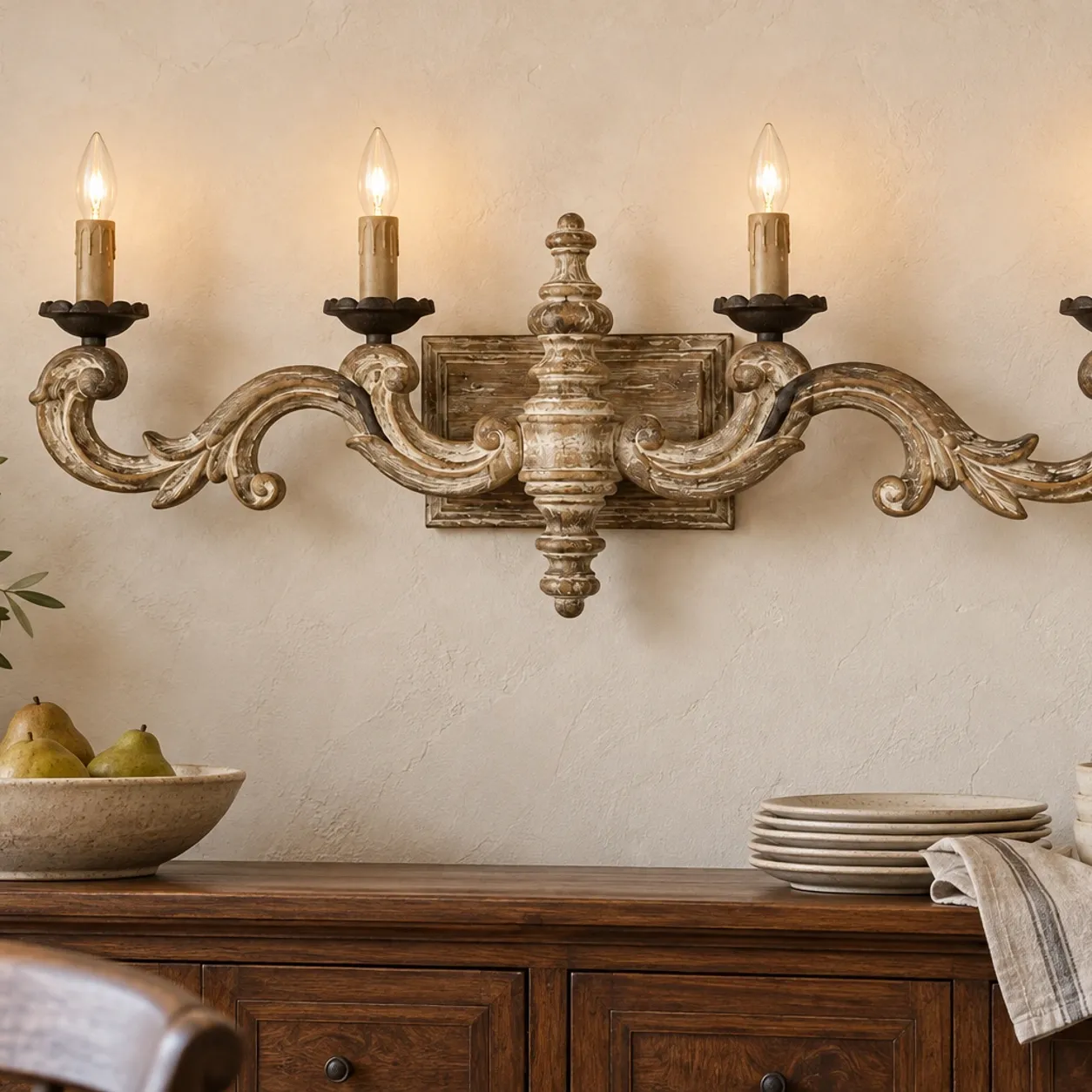 Avery carved solid wood wall sconce scene 03 dining