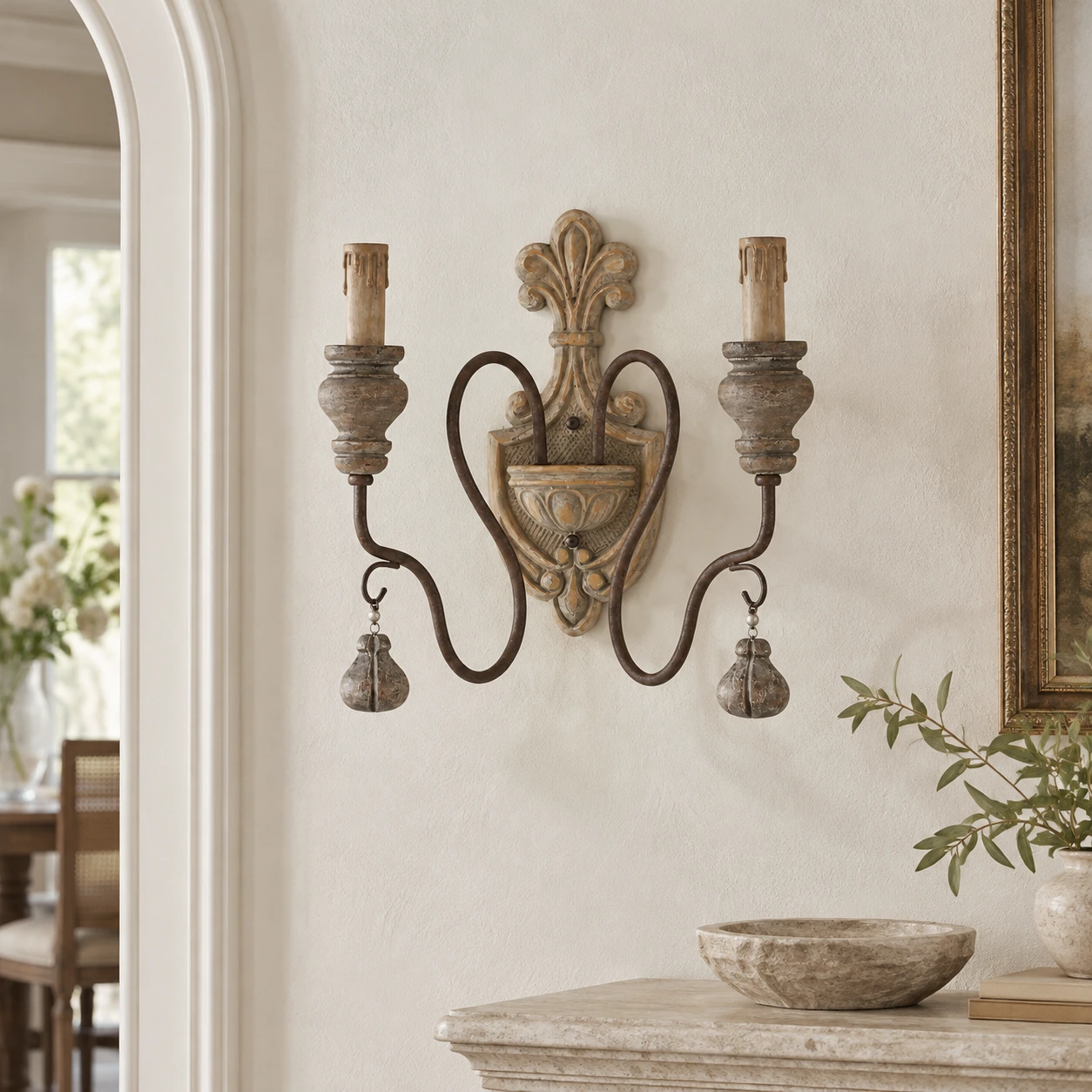 Mara Rustic Double-Arm Wood & Iron Wall Sconce — core main oldwood