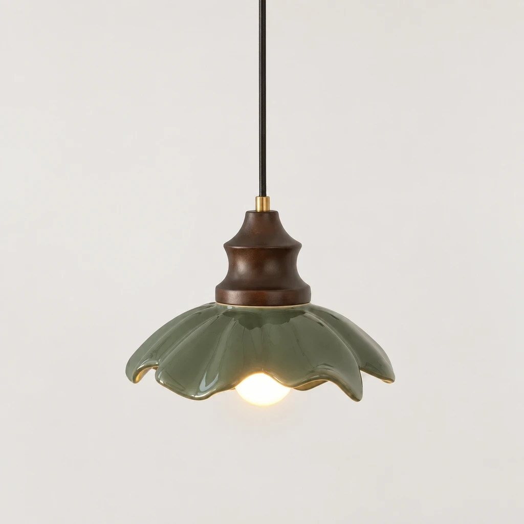 Clara French Flower Glass Pendant Light switched on in a neutral studio
