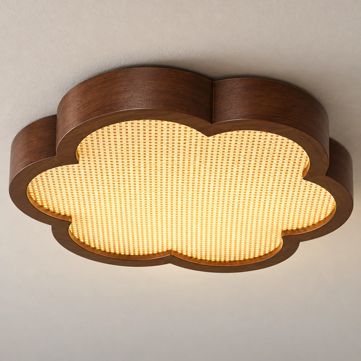 Mira Vintage Floral Walnut Wood Flush Mount Ceiling Light — woven diffuser detail