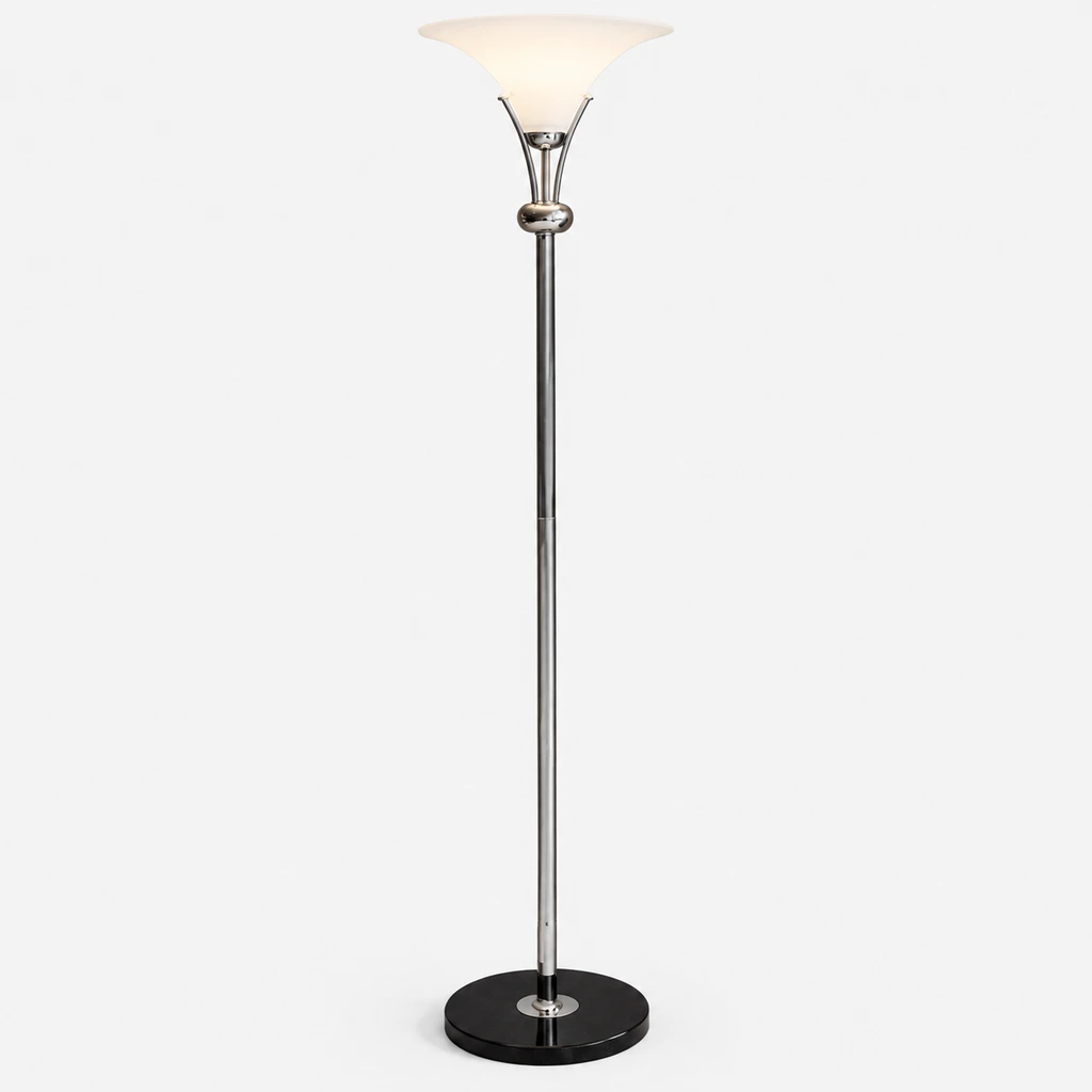 Floor lamp showing slim stem, upward bowl shade and black circular base