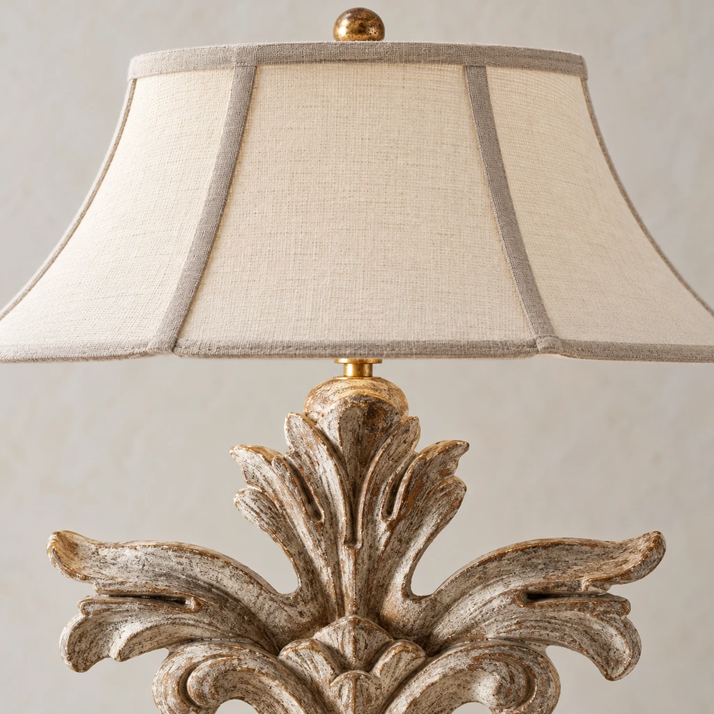 Close detail of the small finial, shade cap and upper carved frame