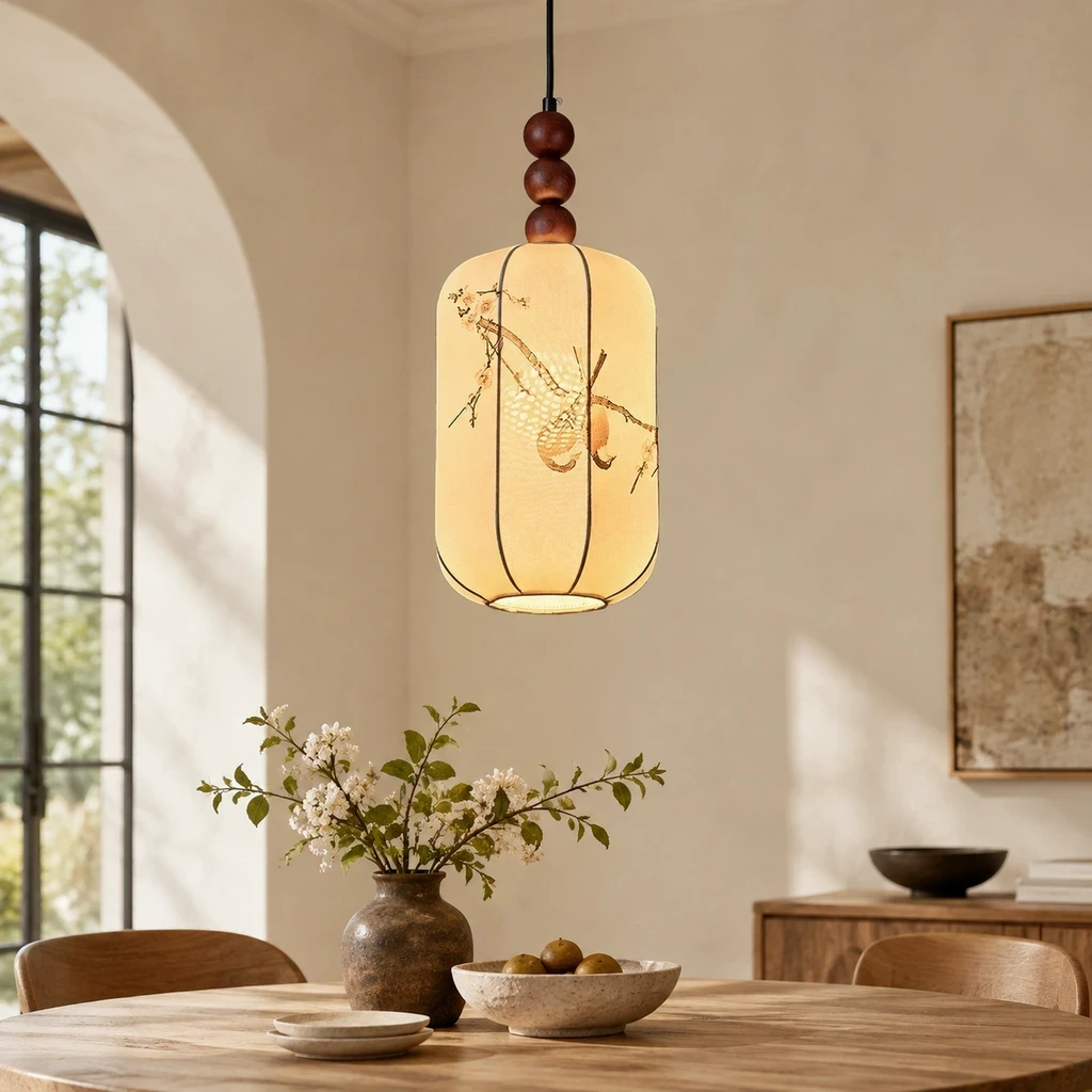Avery Vintage Single-Light Iron Fabric Pendant Light in a study or console setting