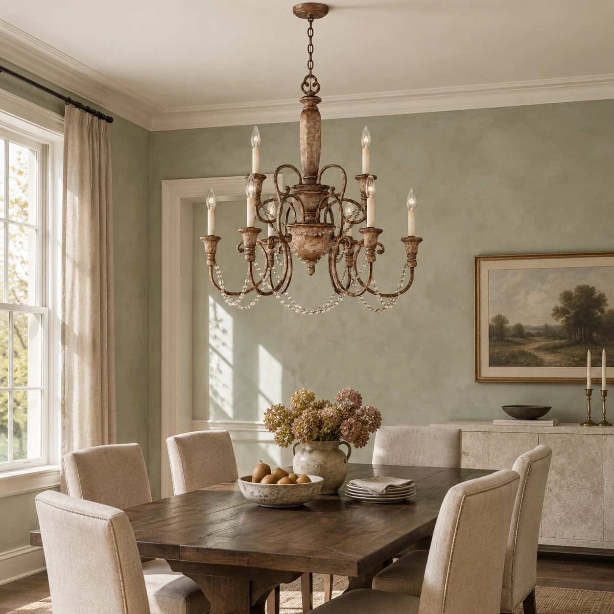 Eight-light double-layer chandelier above a walnut dining table in a pale sage room