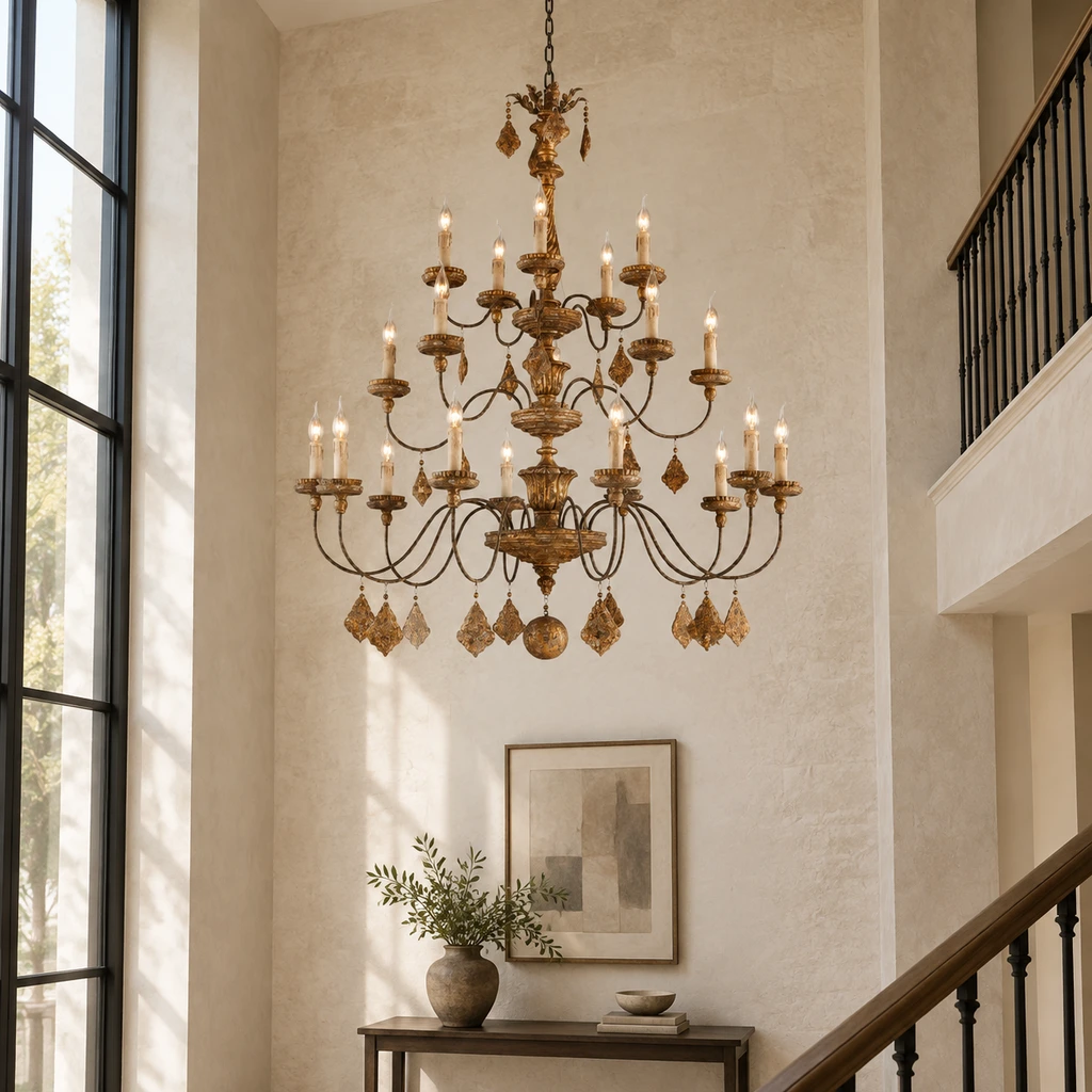Marlowe chandelier in a compact double-height entry