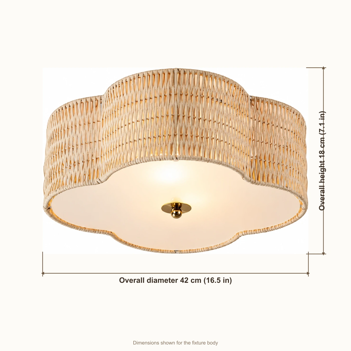 Hand-woven rattan flush mount ceiling light dimensions: 42 cm diameter and 18 cm height