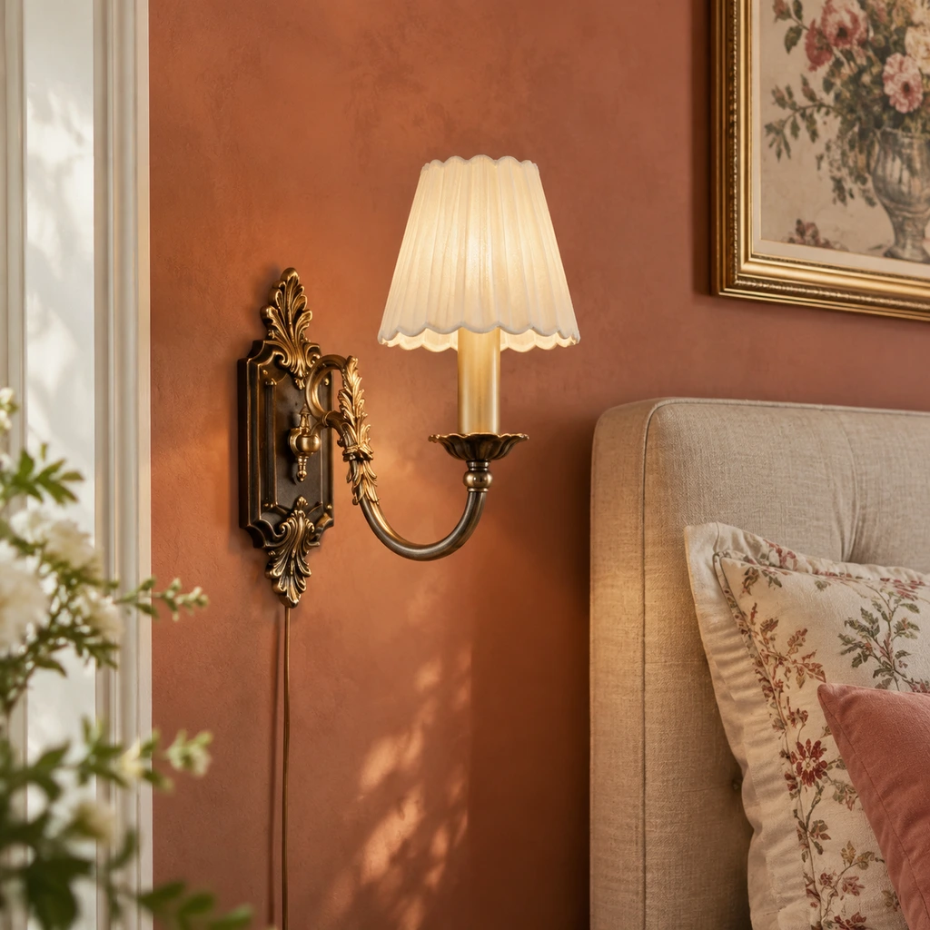 Front three-quarter view of Marcellus ornate gold wall sconce on white background