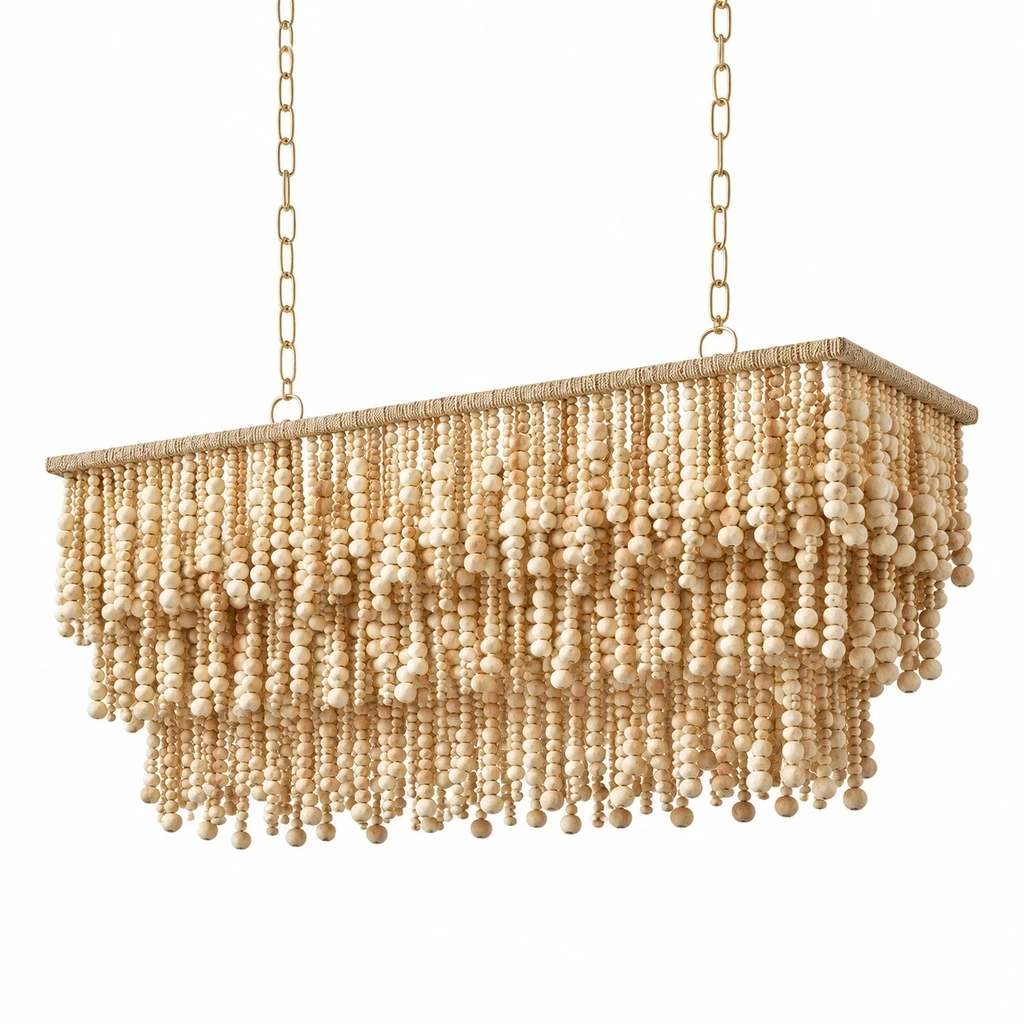 6-head rectangular French Bohemian Natural Wood Bead Chandelier on white background
