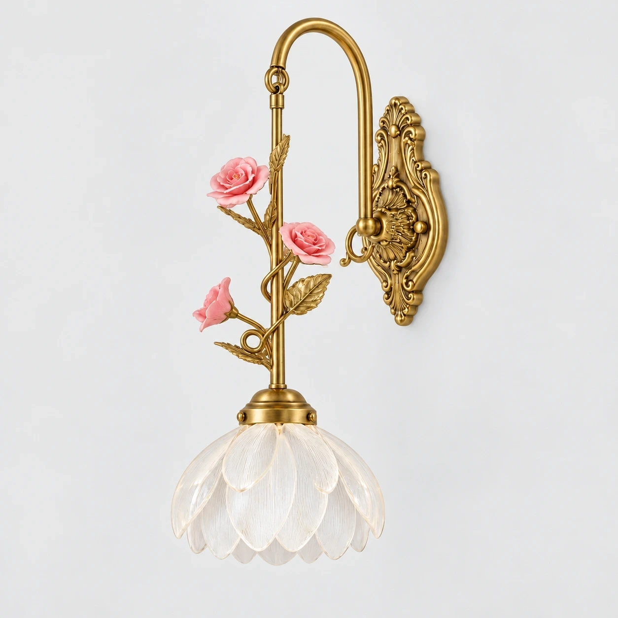 Wushlp Vintage Petal Copper Wall Light switched off in a neutral studio