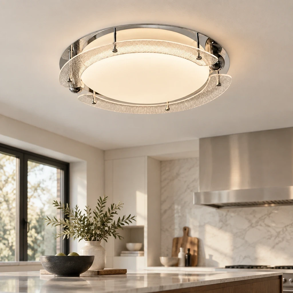 Iris Bauhaus Orbital Acrylic Alloy Flush Mount in a bright kitchen