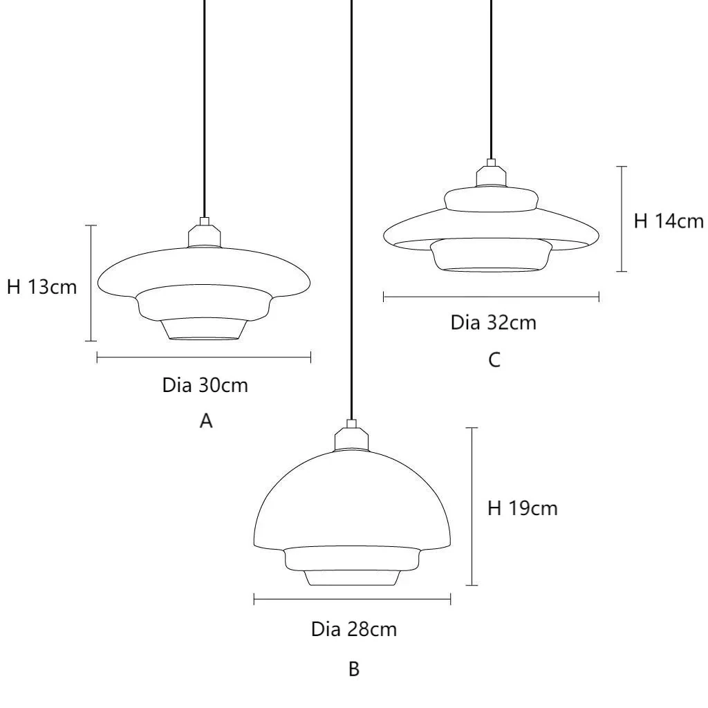 Afmetingen van de hanglampen van ontwerp A, B en C