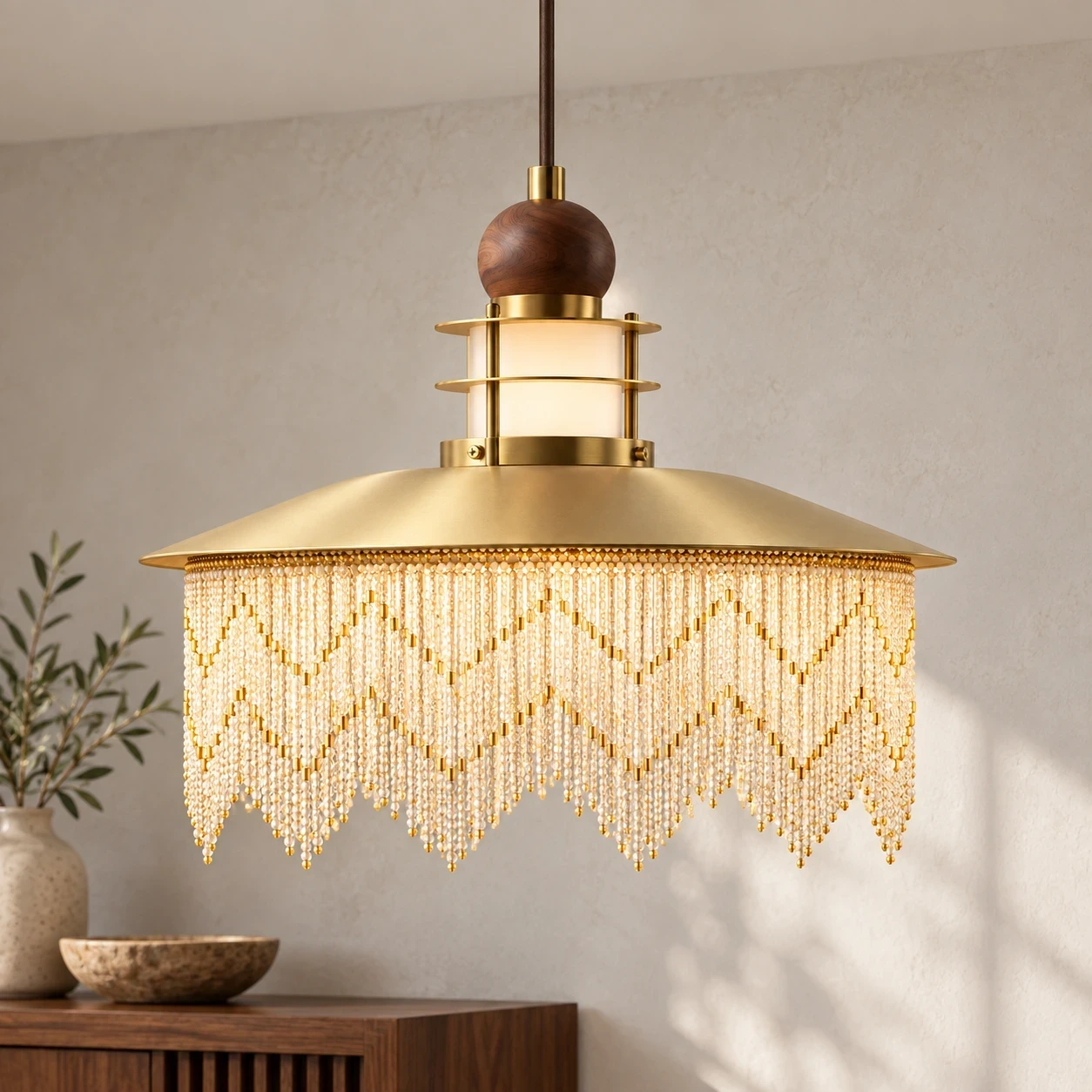 Wushlp Vintage Fringe Wood Pendant Light installed in a bright interior