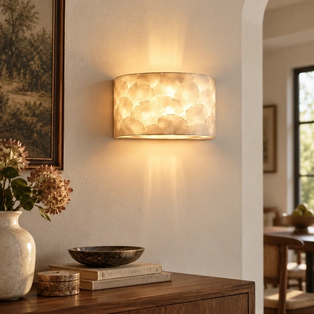 Odette Vintage Layered Shell Iron Wall Sconce in a dining or living setting