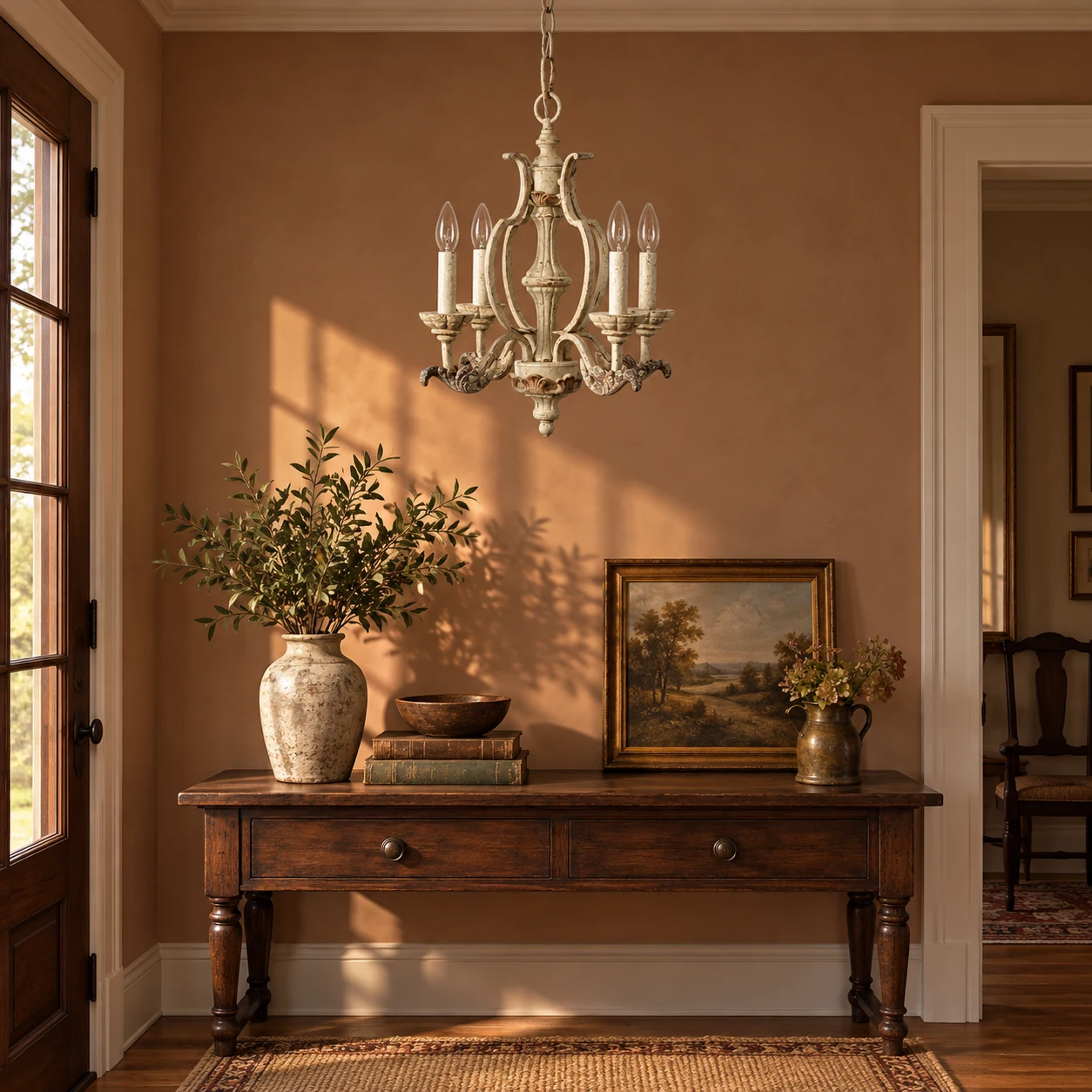 Vintage carved wood chandelier above a console in a traditional American entry hall