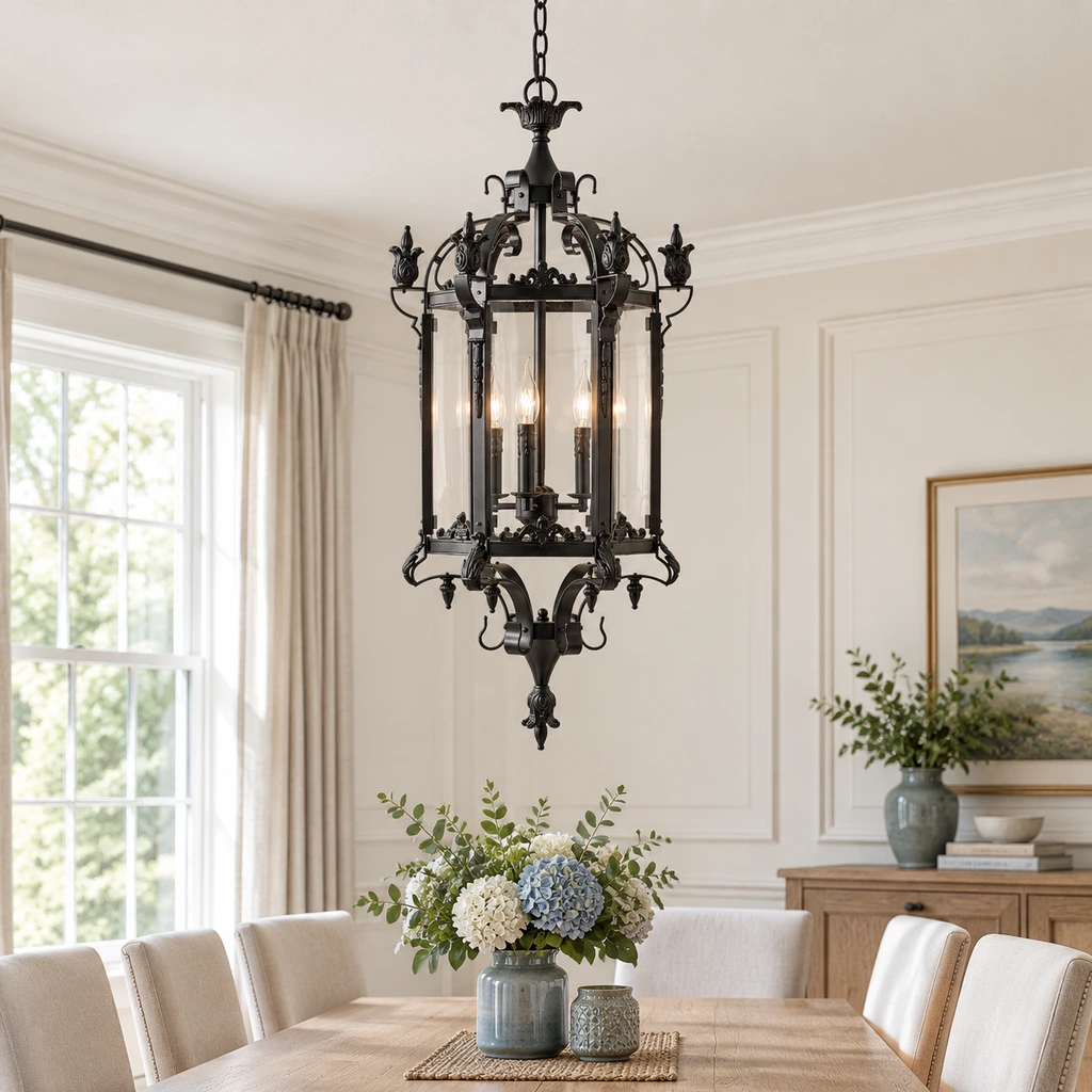 Celine matte-black glass lantern chandelier above a bright dining table