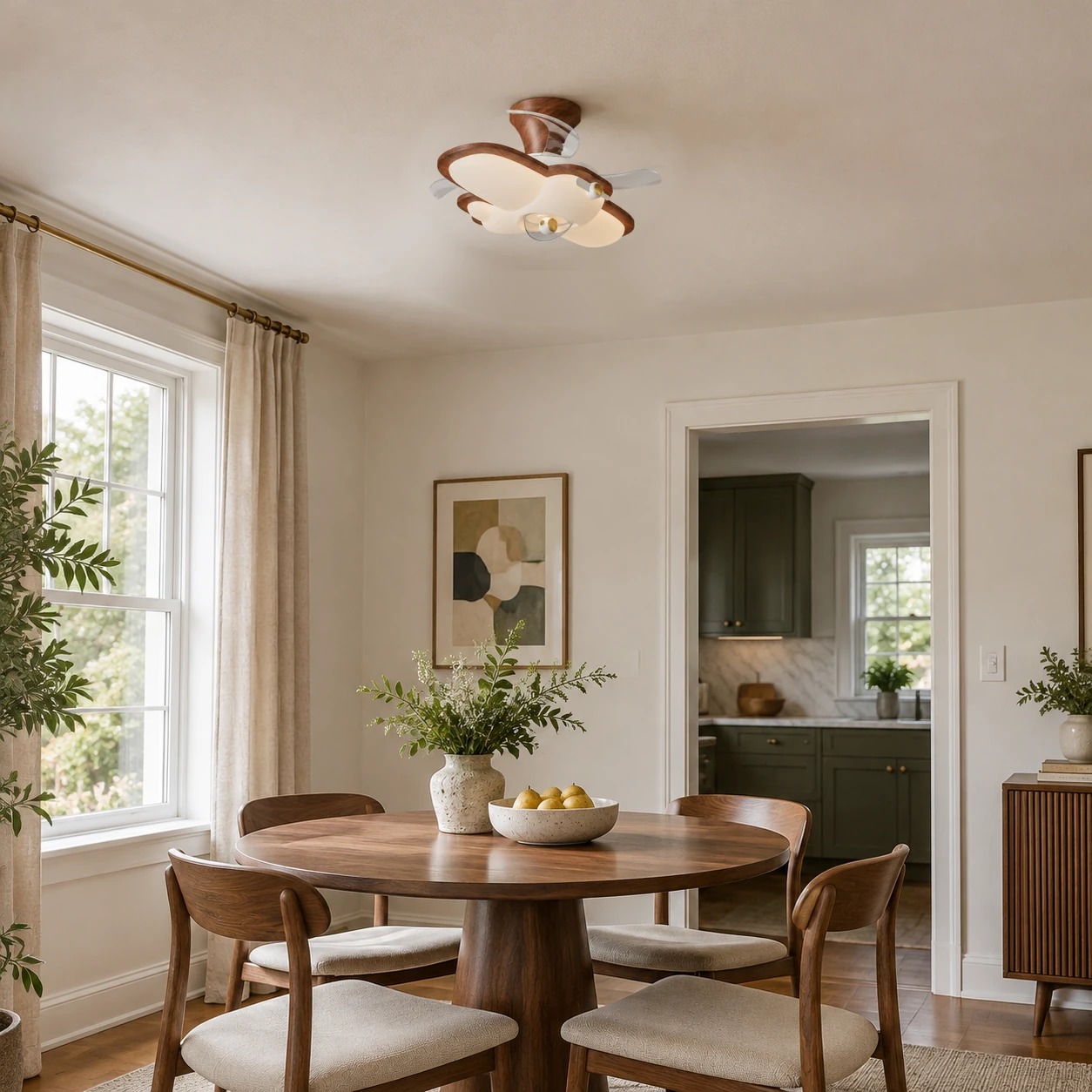 Walnut integrated ceiling fan light above a residential dining table