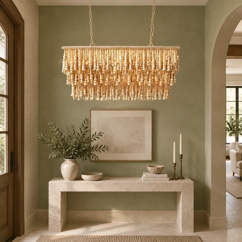French Bohemian Natural Wood Bead Chandelier above a pale limestone console