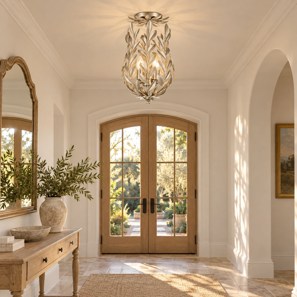 Silver leaf Aurelia flush-mount ceiling light installed in a refined entry hall