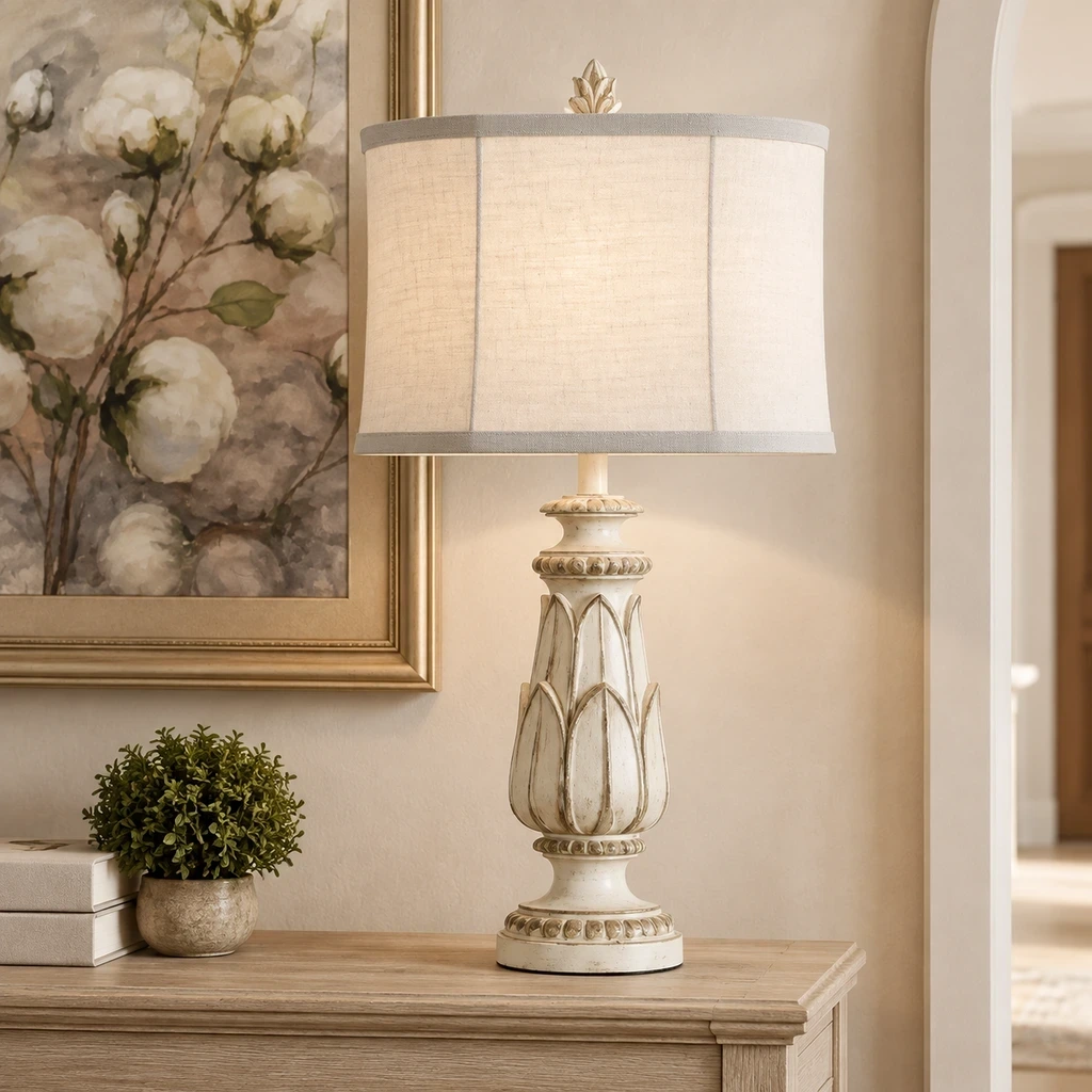 Rustic Carved Floral Table Lamp illuminated in a warm plaster entry