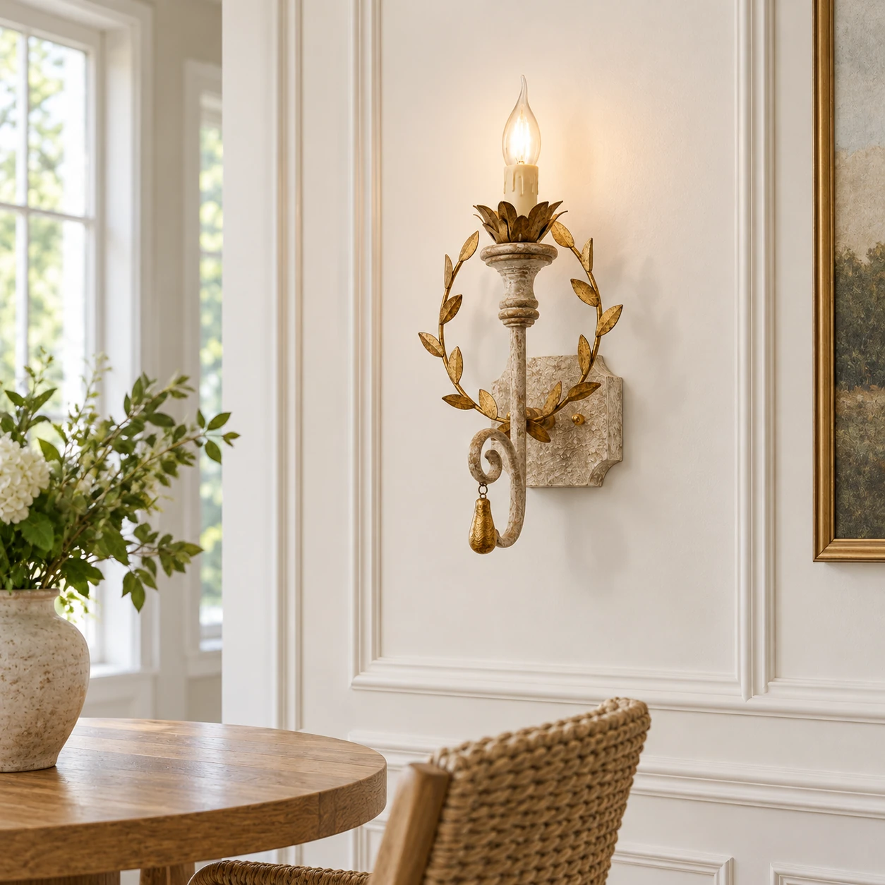 Nora rustic leaf-wreath wall sconce in a dining room
