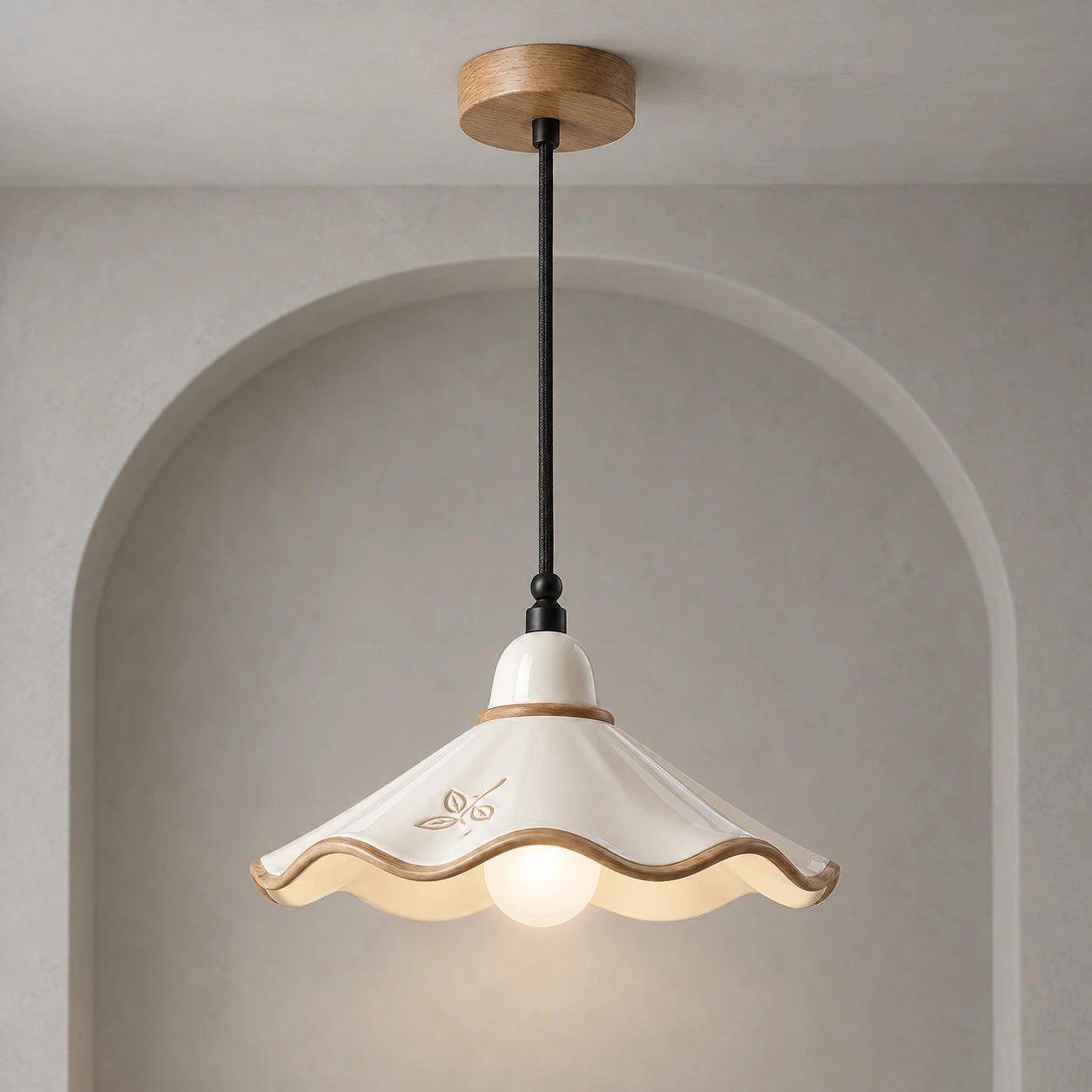 Eliseo French Vintage Scalloped Ceramic and White Ash Wood Pendant Light with a three-color light mode