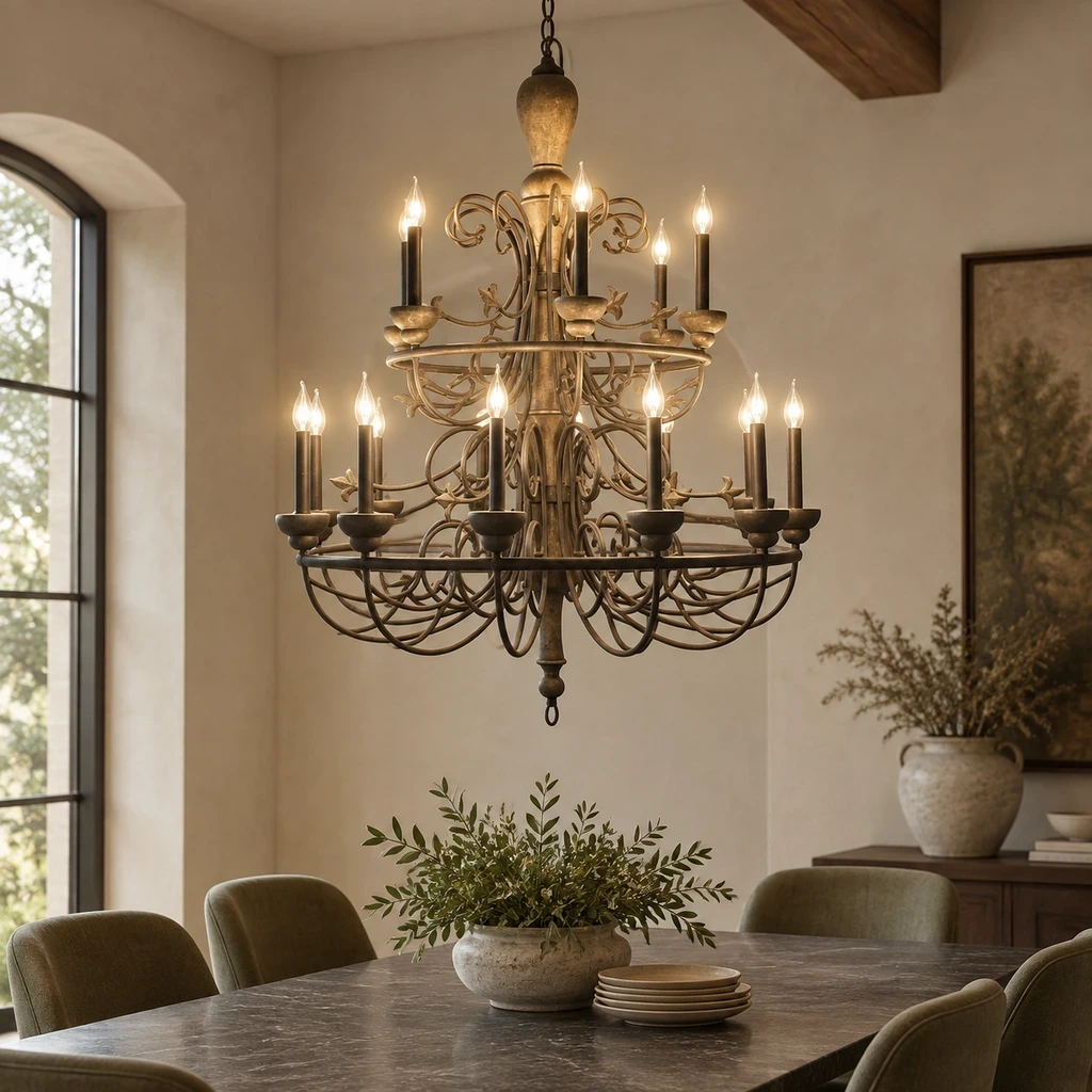 Rustic Multi-Tier Carved Wood Chandelier above a muted charcoal dining table