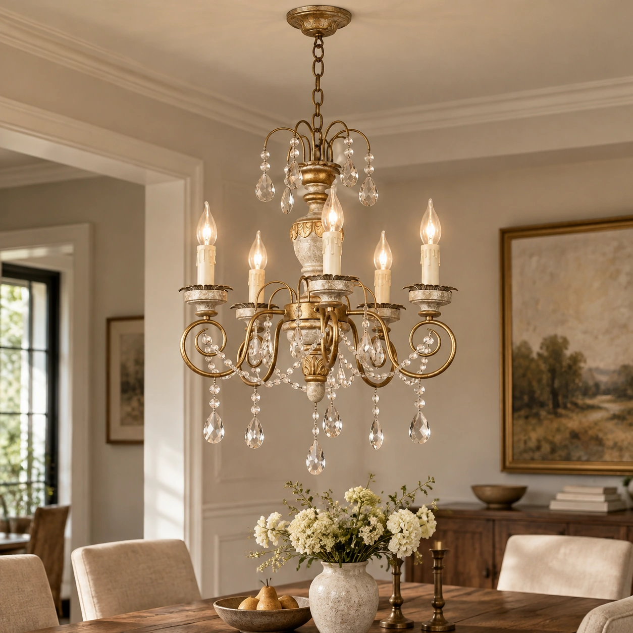 Edward five-light iron and crystal chandelier scene 03 dining close