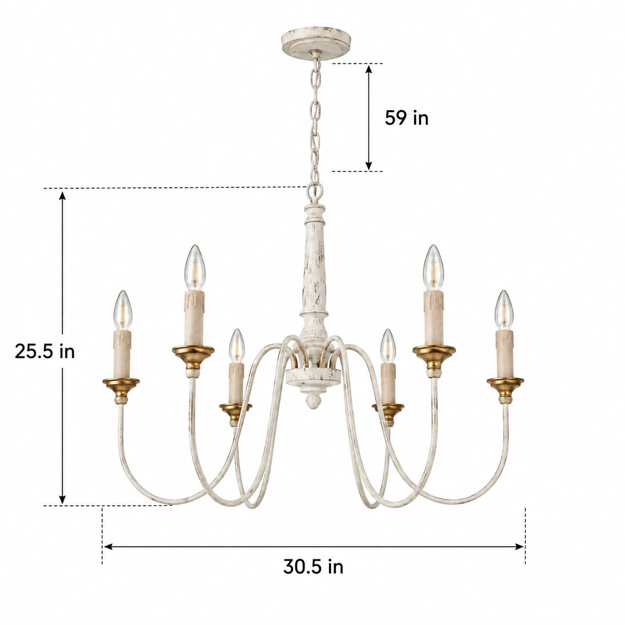 Isabelle six-arm wood and iron chandelier dimensions 30p5x25p5