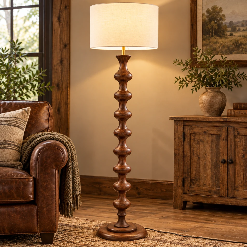 Avery sculpted walnut wood floor lamp beside a rustic entry console