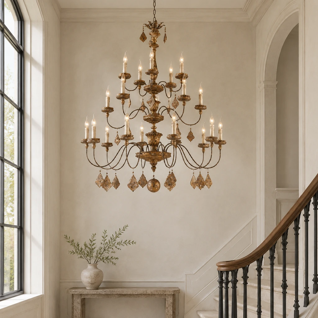 Marlowe chandelier suspended high in a pale limestone stair hall
