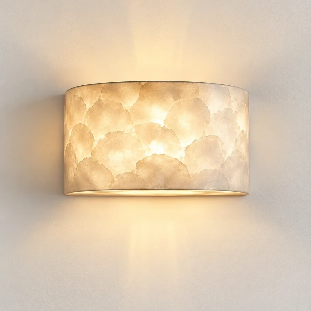 Odette Vintage Layered Shell Iron Wall Sconce switched on in a neutral studio